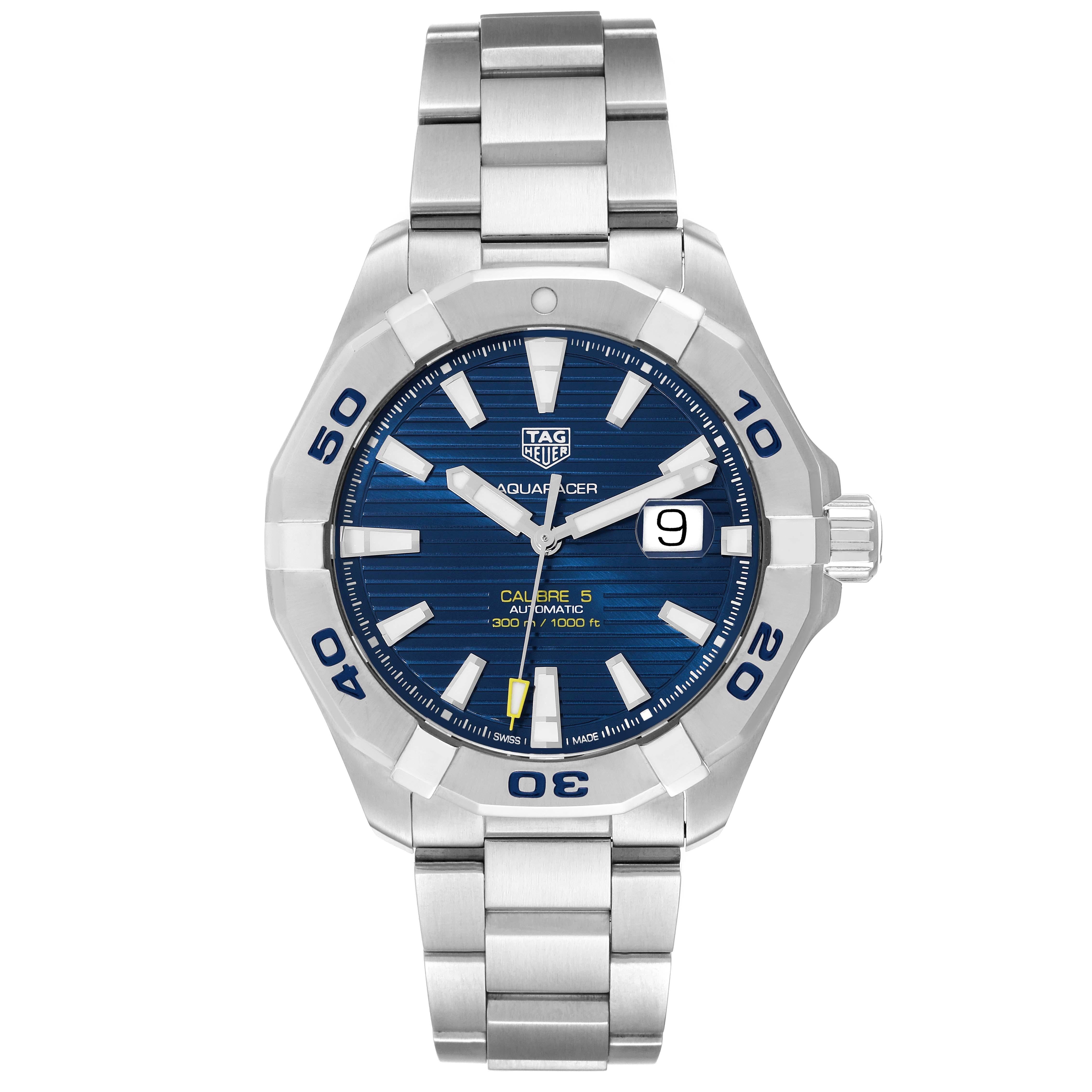 Tag Heuer Aquaracer Blue Dial Steel Mens Watch WAY2012 Box Card. Automatic self-winding movement. Stainless steel case 43.0 mm in diameter. Stainless steel unidirectional rotating bezel. Scratch resistant sapphire crystal with cyclops magnifier.