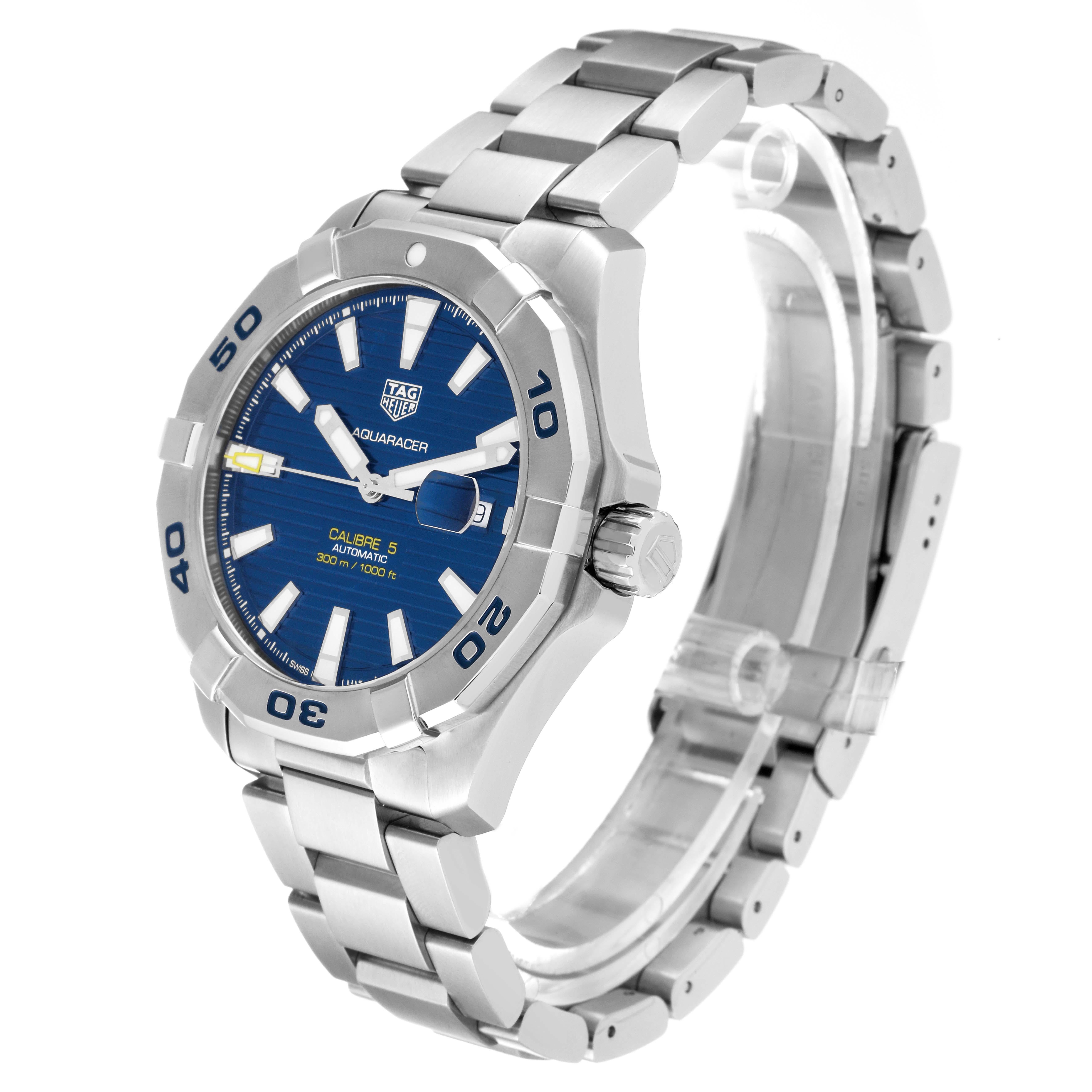 Tag Heuer Aquaracer Blue Dial Steel Mens Watch WAY2012 Box Card In Excellent Condition In Atlanta, GA