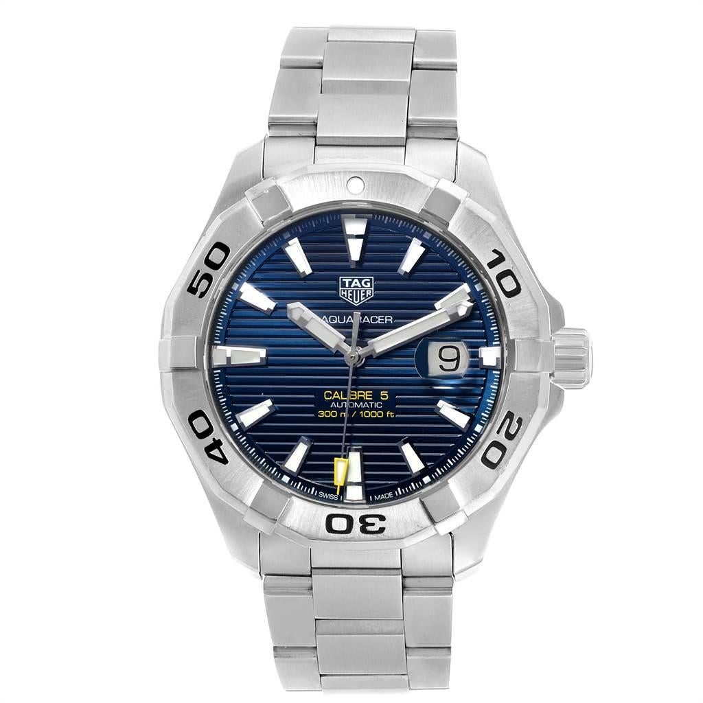 Tag Heuer Aquaracer Blue Dial Steel Mens Watch WAY2012. Automatic self-winding movement. Stainless steel case 43.0 mm in diameter. Stainless steel unidirectional rotating bezel. Scratch resistant sapphire crystal. Blue dial with luminous hands and