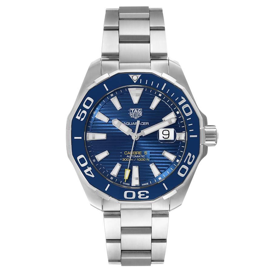 Tag Heuer Aquaracer Blue Dial Steel Mens Watch WAY201B Box Card. Automatic self-winding movement. Stainless steel case 43.0 mm in diameter. Blue unidirectional rotating bezel. Scratch resistant sapphire crystal. Blue dial with luminous hands and