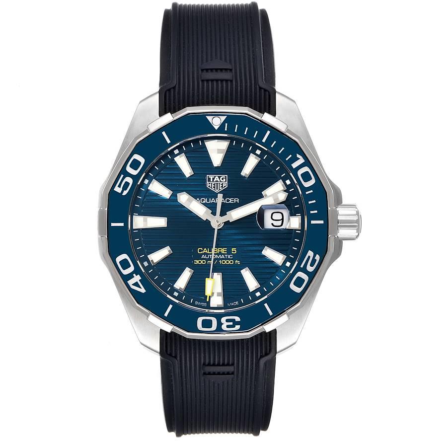 Tag Heuer Aquaracer Blue Dial Steel Mens Watch WAY201B Box Papers. Automatic self-winding movement. Stainless steel case 43.0 mm in diameter. Exhibition case back. Blue unidirectional rotating bezel. Scratch resistant sapphire crystal. Blue dial