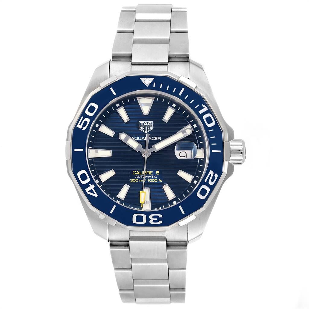 Tag Heuer Aquaracer Blue Dial Steel Mens Watch WAY201B. Automatic self-winding movement. Stainless steel case 43.0 mm in diameter. Exhibition case back. Blue unidirectional rotating bezel. Scratch resistant sapphire crystal. Blue dial with luminous