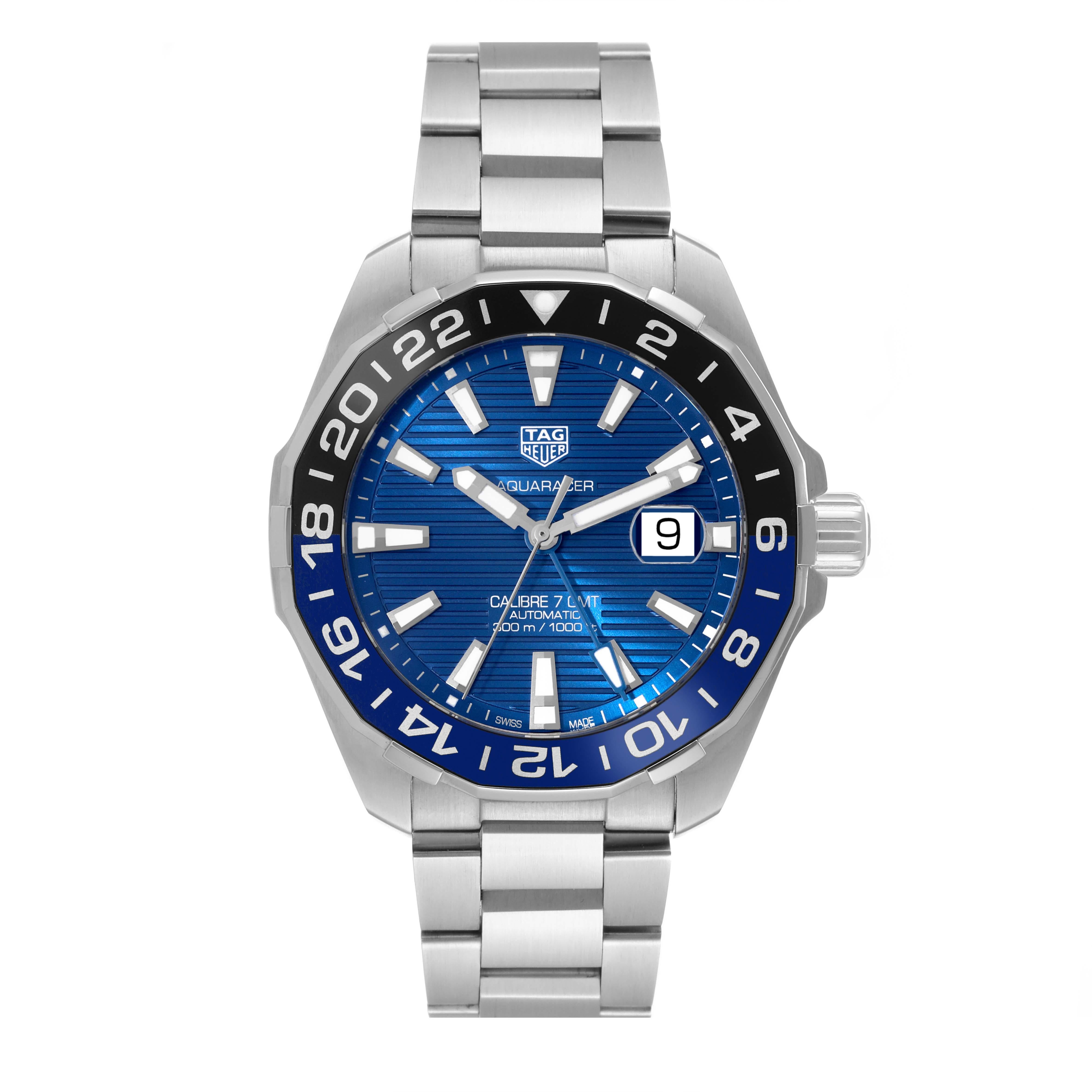 Tag Heuer Aquaracer Blue Dial Steel Herrenuhr WAY201T. Automatisches Uhrwerk mit Selbstaufzug. Gehäuse aus Edelstahl mit einem Durchmesser von 43.0 mm. Blaue und schwarze bidirektionale Drehlünette aus Edelstahl. Kratzfestes Saphirglas mit