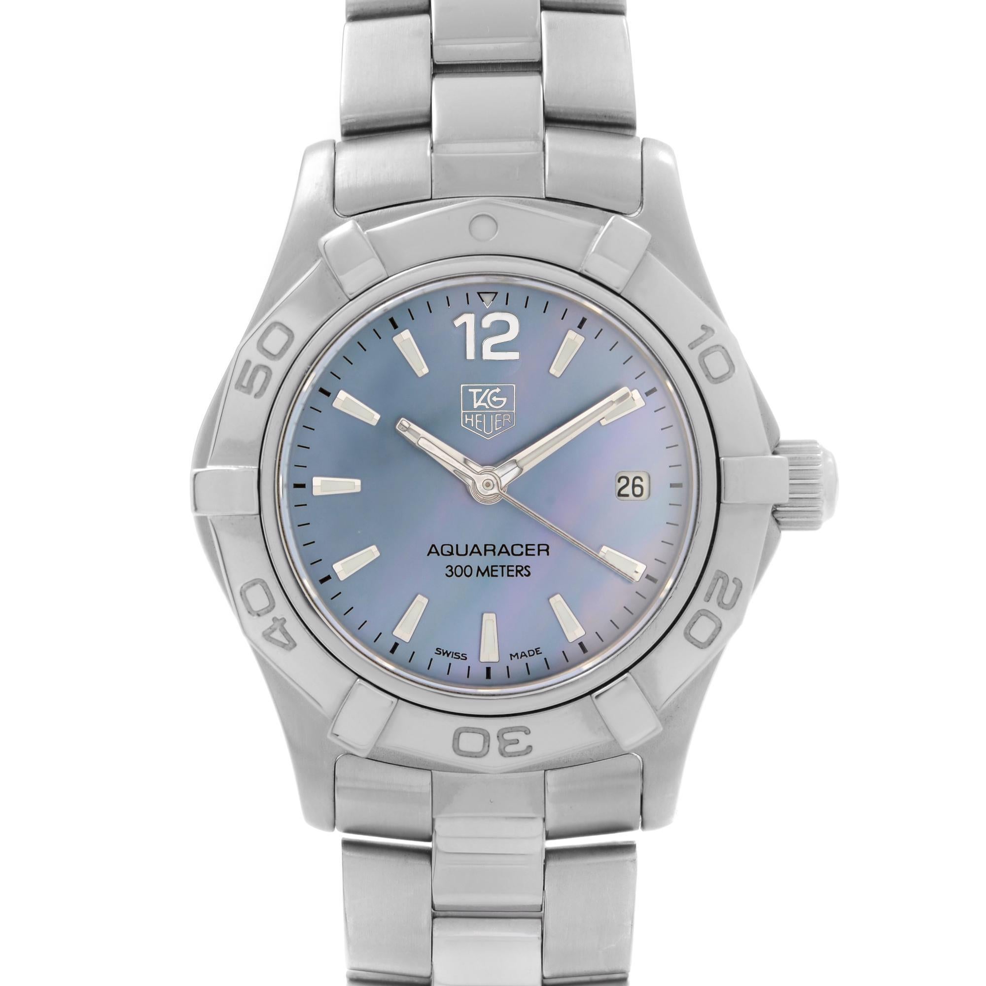 Pre-owned Tag Heuer Aquaracer 28mm Stainless Steel Blue Mother of Pearl Dial Women's Quartz Watch WAF1417.BA0823. This Timepiece is powered by Automatic movement and features: stainless steel case and bracelet, a Unidirectional Rotating Stainless