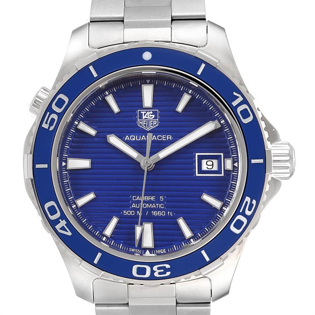 Tag Heuer Aquaracer Calibre 5 500M Blue Dial Steel Mens Watch WAK2111. Automatic self-winding movement. Stainless steel case 41.0 mm in diameter. Unidirectional rotating bezel. Scratch resistant sapphire crystal. Blue dial with luminous hands and