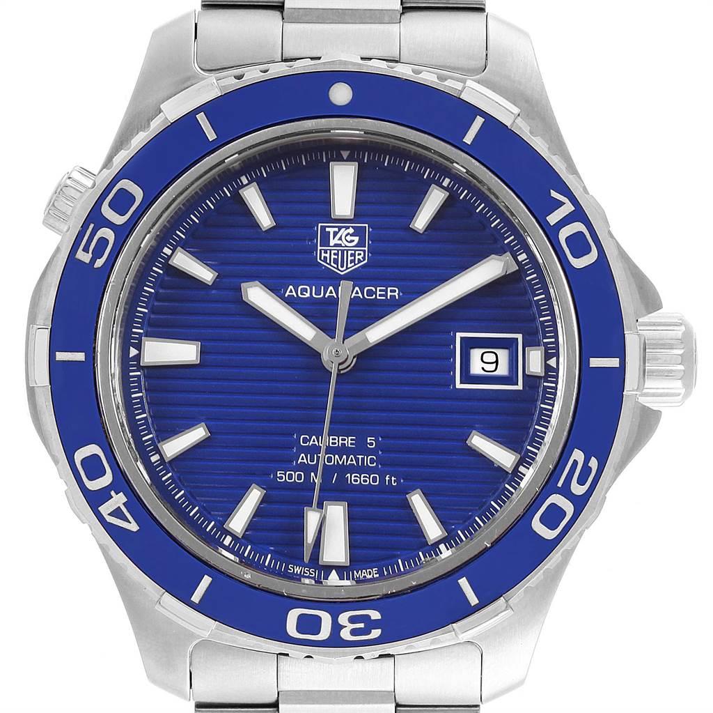 Tag Heuer Aquaracer Calibre 5 500M Blue Dial Steel Mens Watch WAK2111. Automatic self-winding movement. Stainless steel case 41.0 mm in diameter. Unidirectional rotating bezel. Scratch resistant sapphire crystal. Blue dial with luminous hands and