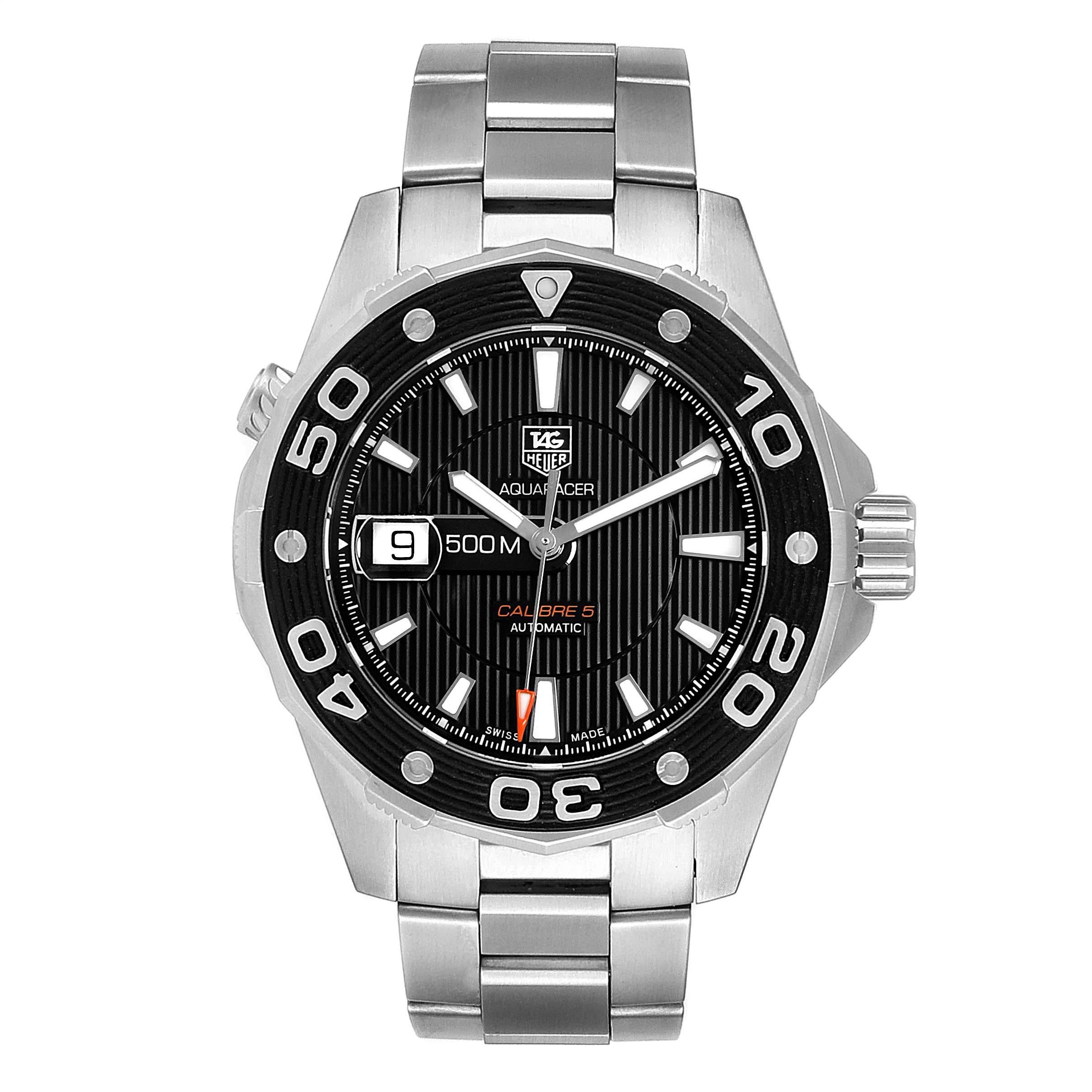 Tag Heuer Aquaracer Calibre 5 500M Steel Mens Watch WAJ2110. Automatic self-winding movement. Stainless steel case 43.0 mm in diameter. Unidirectional rotating bezel. Scratch resistant sapphire crystal. Black dial with luminous hands and index hour