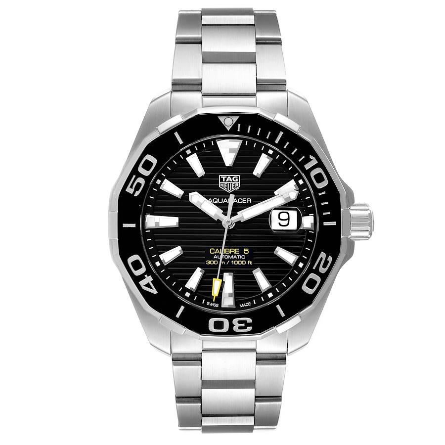 Tag Heuer Aquaracer Calibre 5 Black Dial Mens Watch WAY201A Box Card. Automatic self-winding movement. Stainless steel case 43.0 mm in diameter. Black unidirectional rotating bezel. Scratch resistant sapphire crystal. Black dial with luminous hands