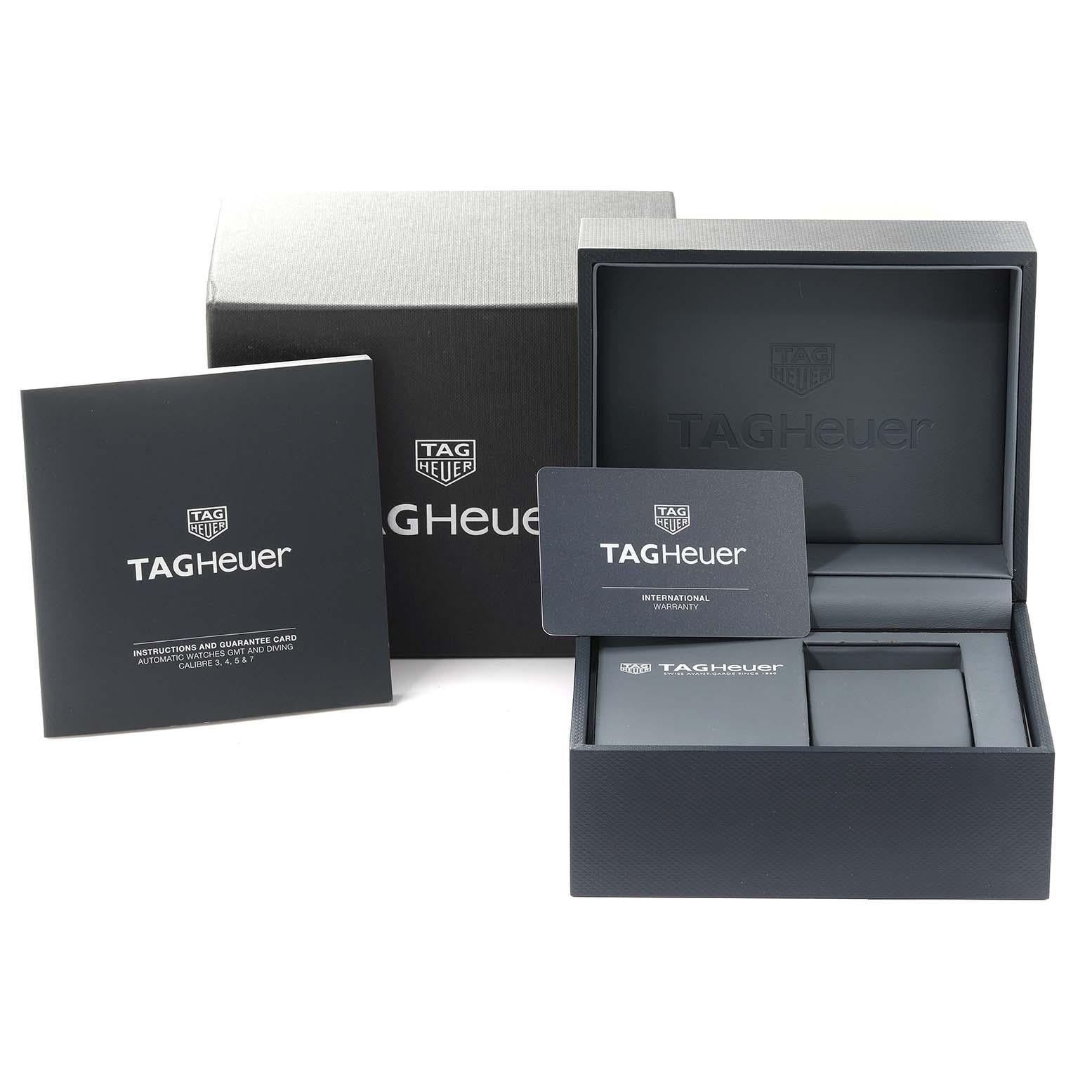 Tag Heuer Aquaracer Calibre 5 Black Dial Steel Mens Watch WAY201A Box Card. Automatic self-winding movement. Stainless steel case 43.0 mm in diameter. Black unidirectional rotating bezel. Scratch resistant sapphire crystal. Black dial with luminous