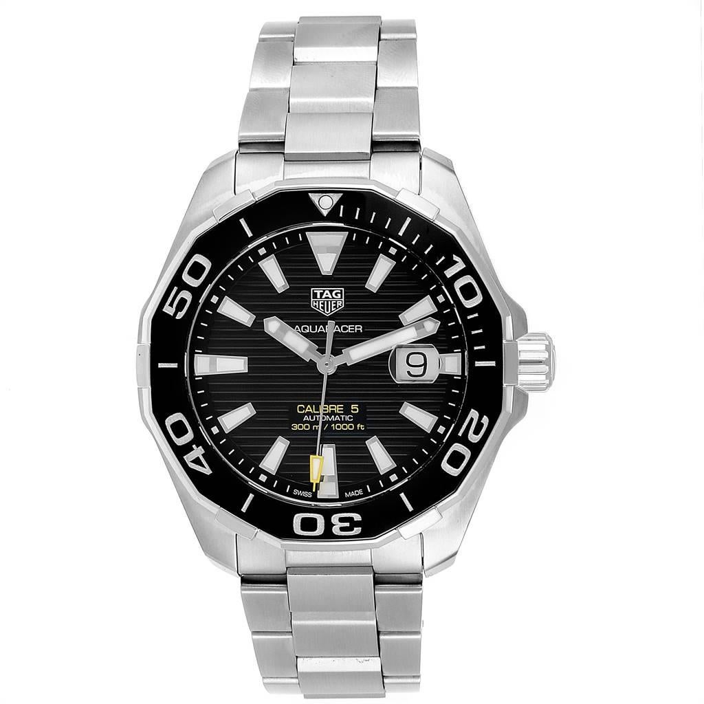 Tag Heuer Aquaracer Calibre 5 Black Dial Steel Mens Watch WAY201A. Automatic self-winding movement. Stainless steel case 43.0 mm in diameter. Black unidirectional rotating bezel. Scratch resistant sapphire crystal. Black dial with luminous hands and