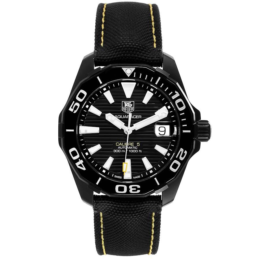 Tag Heuer Aquaracer Calibre 5 PVD Steel Mens Watch WAY218A Box Card. Automatic self-winding movement. Black PVD stainless steel case 41.0 mm in diameter. Uni-directional rotating bezel. Scratch resistant sapphire crystal. Black dial with luminous