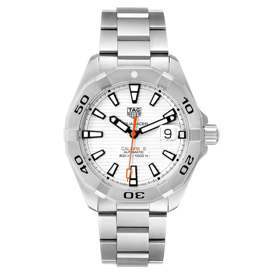 Tag Heuer Aquaracer Calibre 5 White Dial Mens Watch WBD2111 Box Card. Automatic self-winding movement. Stainless steel case 41.0 mm in diameter. Stainless steel unidirectional rotating bezel. Scratch resistant sapphire crystal. White dial with