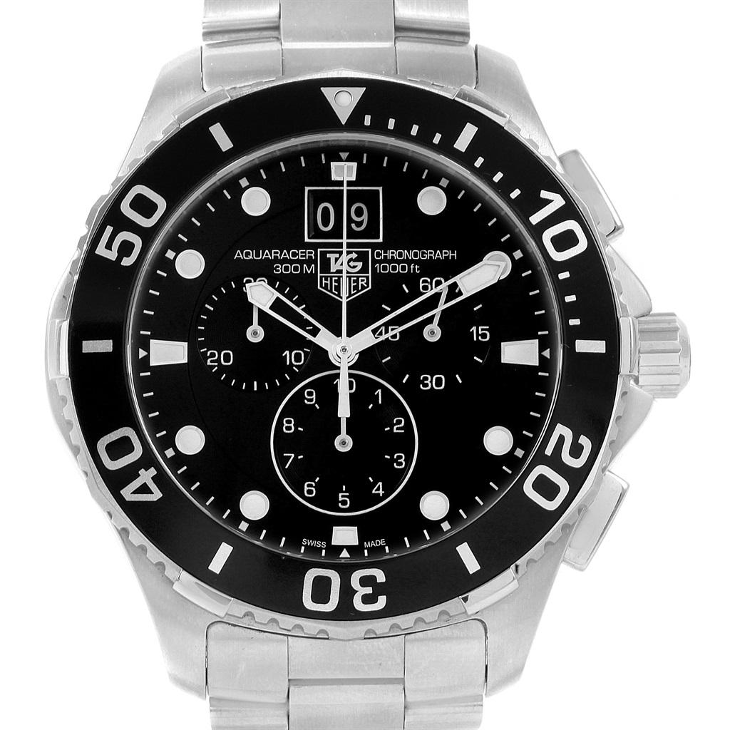 Tag Heuer Aquaracer Chronograph Steel Mens Watch CAN1010 Card. Quartz movement. Stainless steel case 43.0 mm in diameter. Case Thickness: 15 mm. Uni-directional rotating stainless steel bezel with a black ion-plated top ring. Scratch resistant