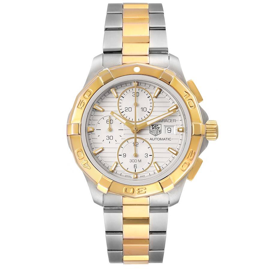 Tag Heuer Aquaracer Chronograph Steel Yellow Gold Watch CAP2120 Box Card. Automatic self-winding chronograph movement. Stainless steel and 18k yellow gold-plated case 43.0 mm in diameter. Case Thickness: 16 mm. Gold-plated screw down crown and