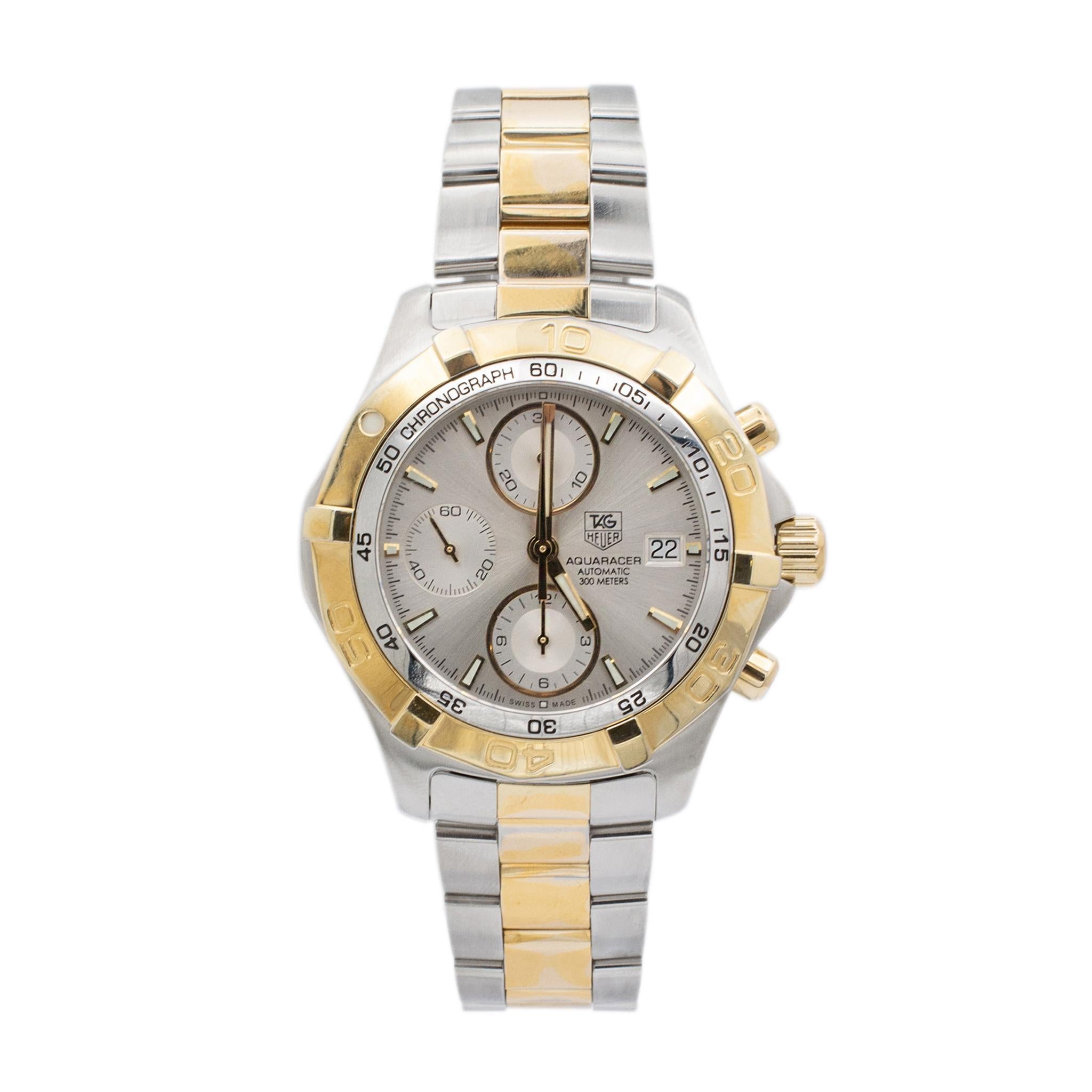 Brand: TAG Heuer

Gender: Men

Weight: 180.76 grams

Band Length: 8.00 inches

The Aquaracer Date CAF2120 41MM Chronograph Two-Tone Stainless Steel watch weighs a total of 180.76 grams. The 