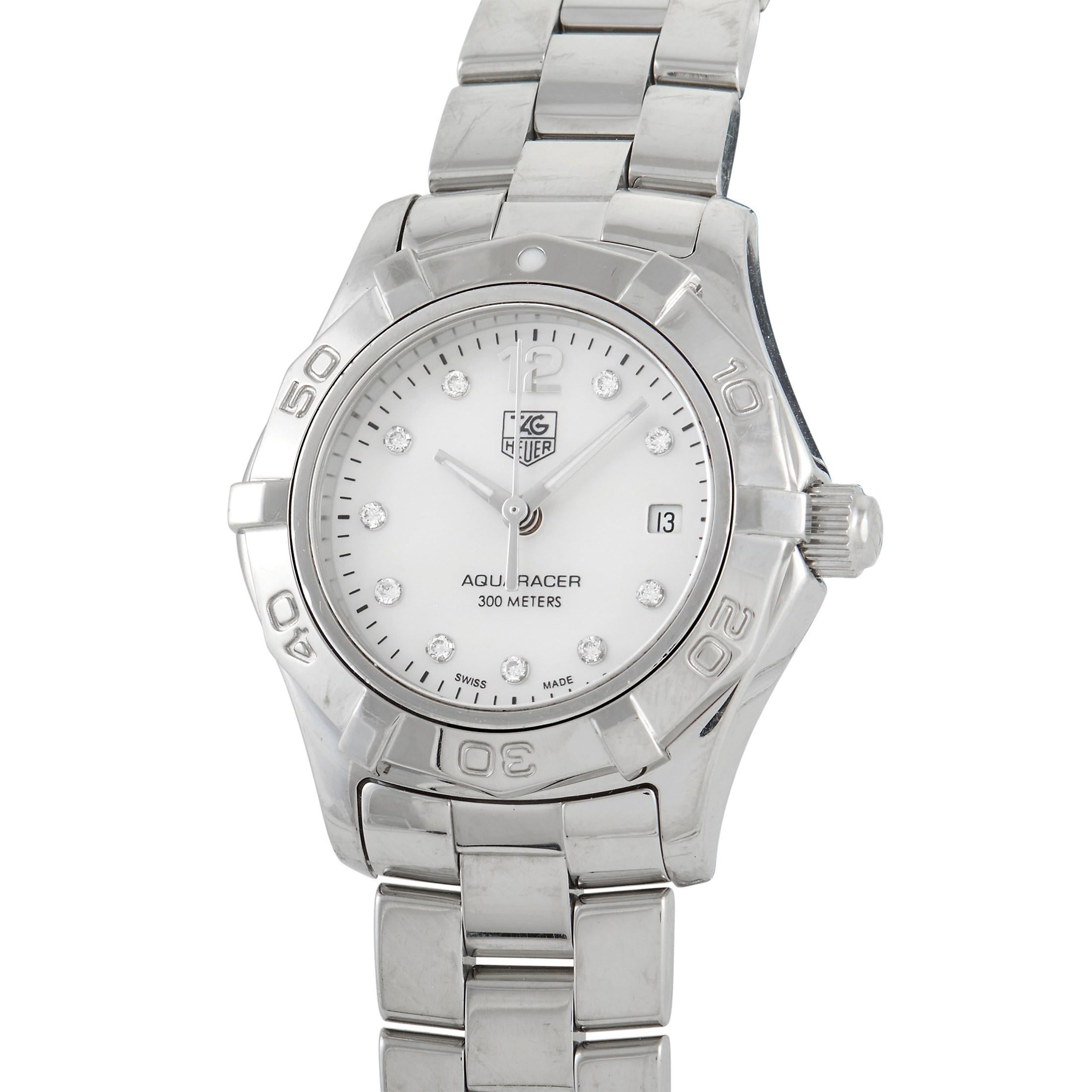 The Tag Heuer Aquaracer Diamond Watch, reference number WAF1415.BA0824, will continually make a stylish statement. 

Incredibly impressive, this understated style starts with a 27mm case, bracelet, and uni-directional Rotating bezel crafted from