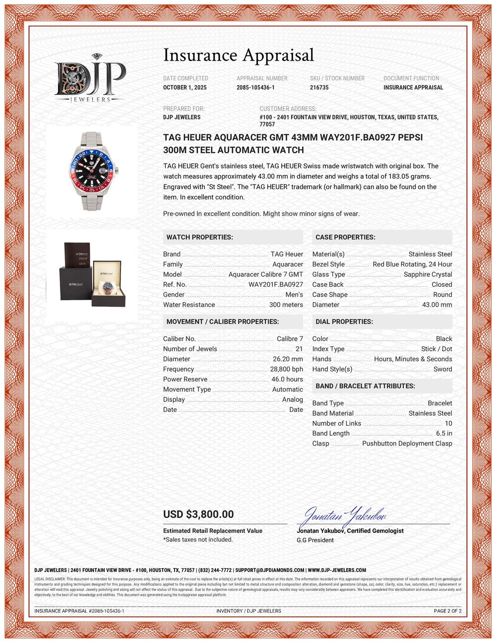 TAG HEUER Aquaracer GMT 43MM WAY201F.BA0927 Pepsi 300M Acero Reloj Automático 6