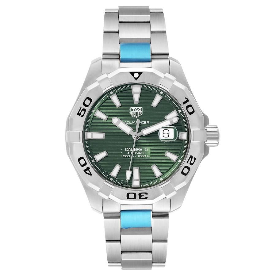 Tag Heuer Aquaracer Green Dial Steel Mens Watch WAY2015 Unworn. Automatic self-winding movement. Stainless steel case 43.0 mm in diameter. Stainless steel unidirectional rotating bezel. Scratch resistant sapphire crystal. Sunray Brushed  green dial