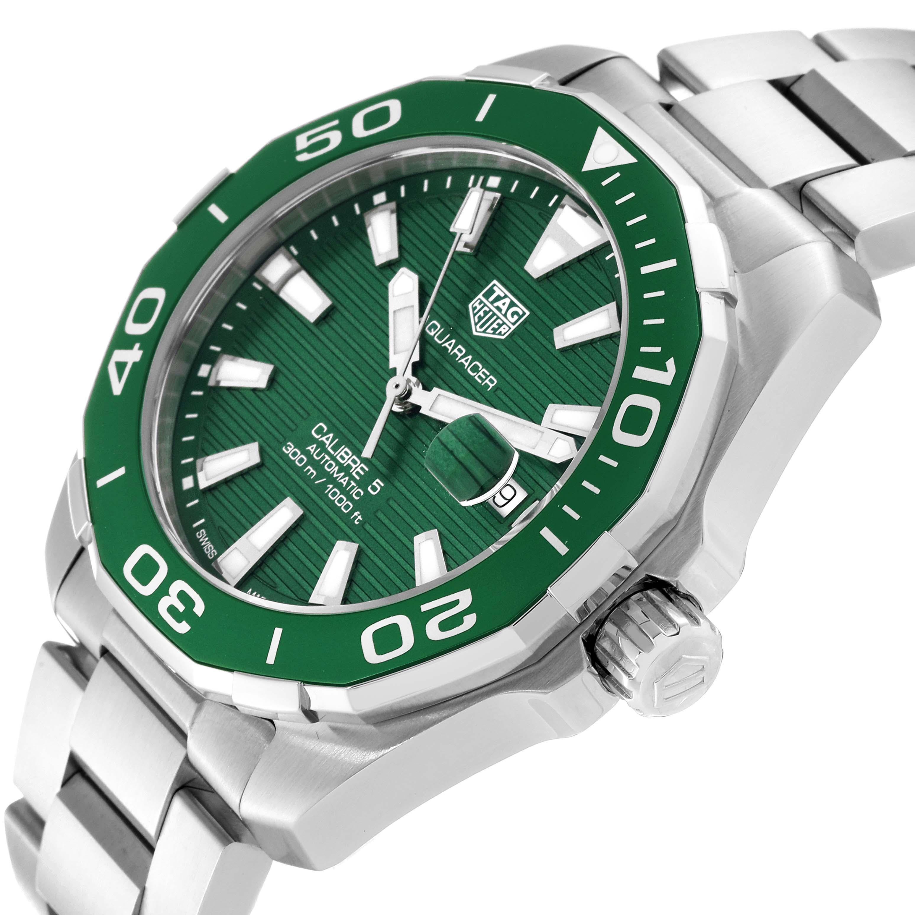 Tag Heuer Aquaracer Green Dial Steel Mens Watch WAY201S Box Card In Excellent Condition In Atlanta, GA