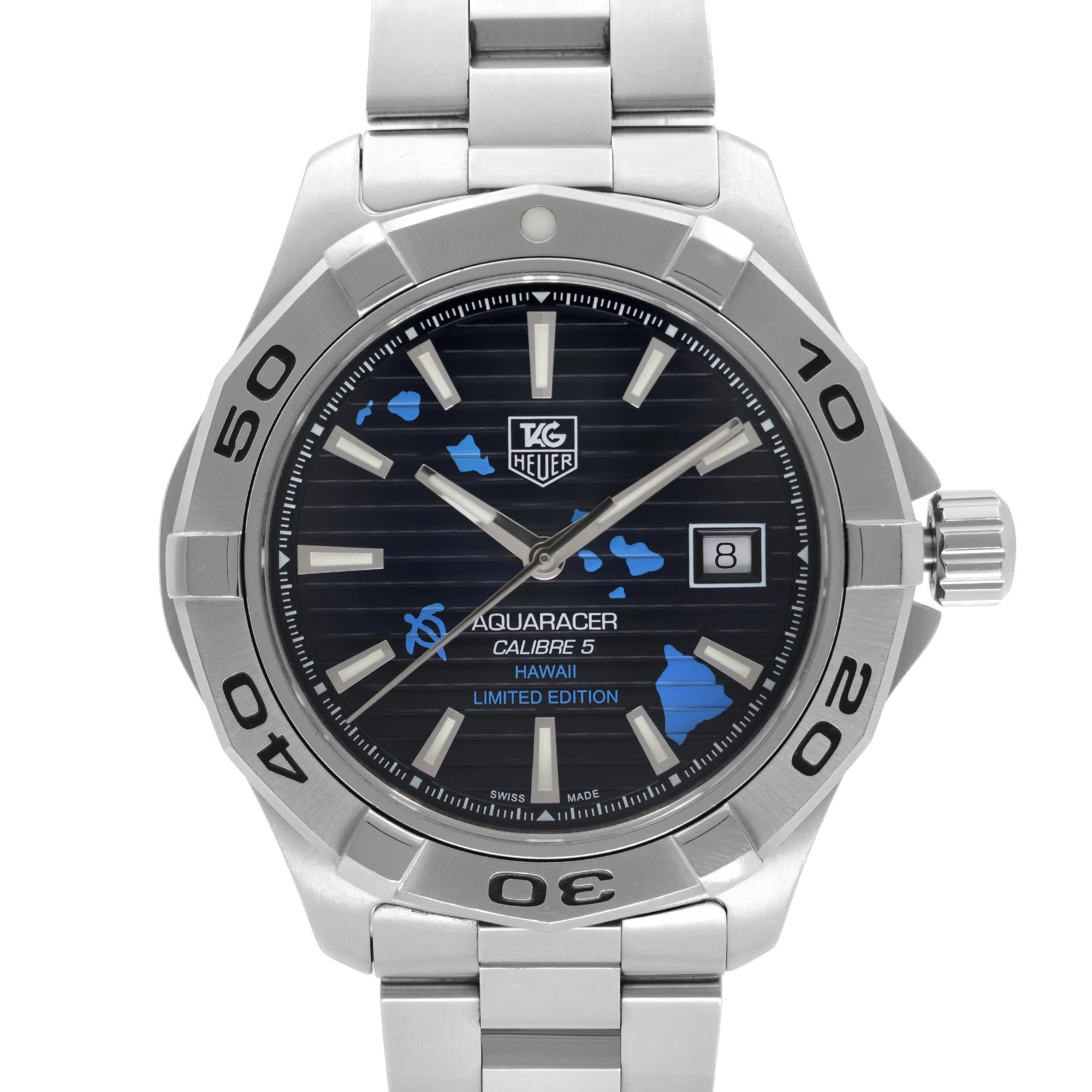Pre-owned TAG Heuer Aquaracer Hawaii Limited Edition Automatic Men's Watch WAP201AA.BA0830.  Round Brushed and Polished Stainless Steel Case on a Brushed Stainless Steel Bracelet. Blue Sunray dial with Horizontal Lines and a Special Light Blue
