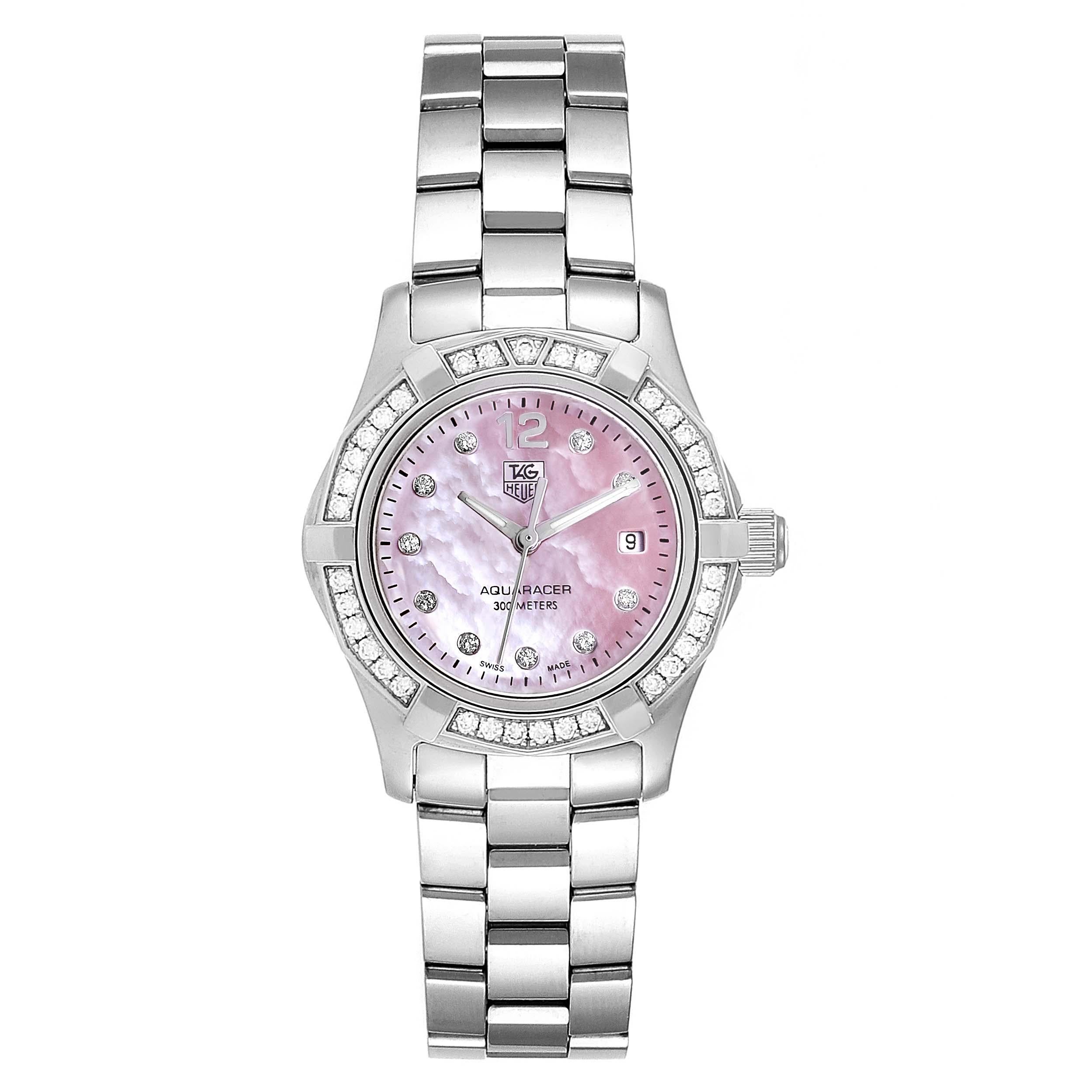 TAG Heuer Aquaracer Mother of Pearl Diamond Ladies Watch WAF141B. Quartz movement. Stainless steel and 18K yellow gold case 27.0 mm in diameter. Unidirectional rotating diamond bezel. Scratch resistant sapphire crystal. Pink Mother of Pearl dial