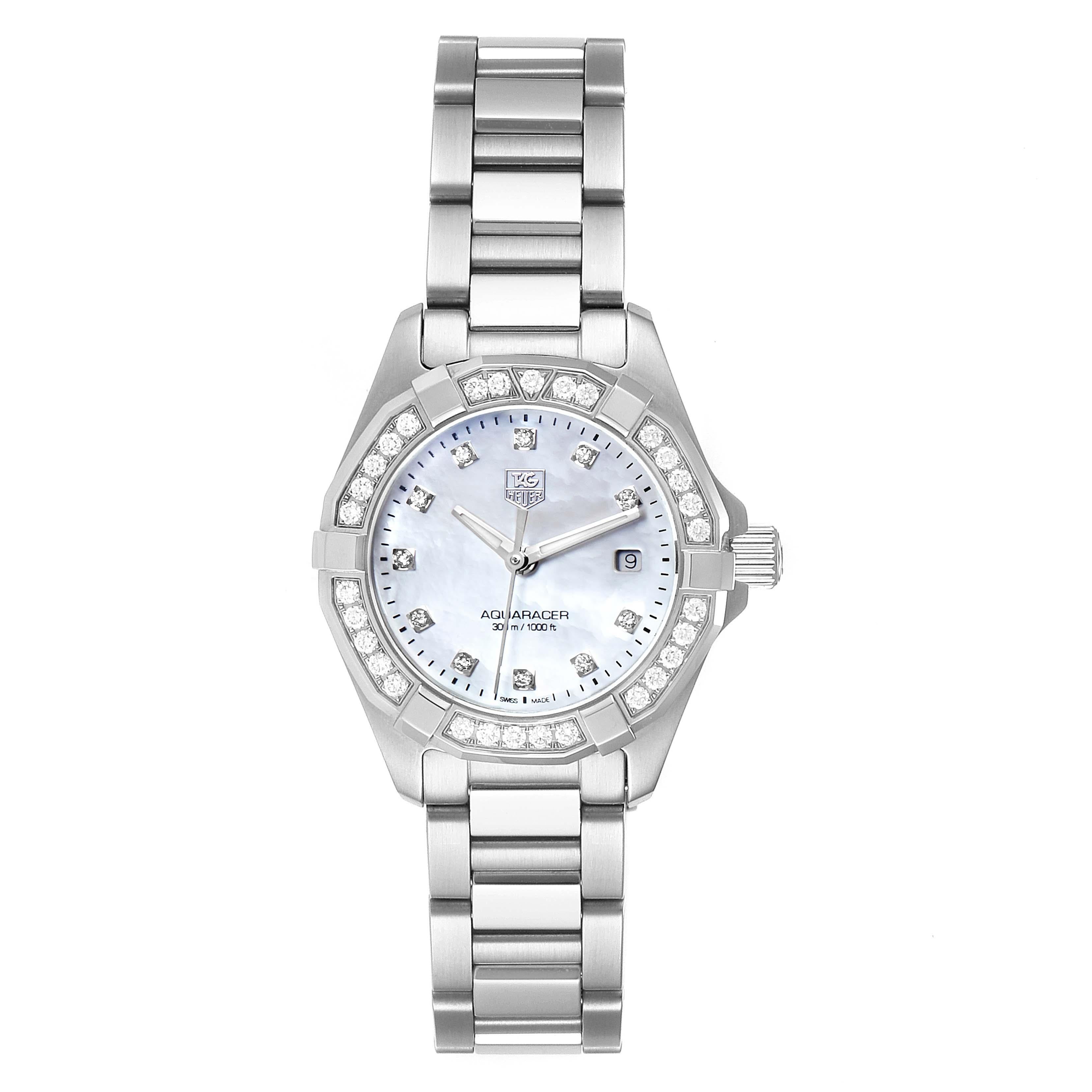 TAG Heuer Aquaracer Mother of Pearl Diamond Ladies Watch WAY1414 Box Card. Quartz movement. Stainless steel and 18K yellow gold case 27.0 mm in diameter. Unidirectional rotating diamond bezel. Scratch resistant sapphire crystal. Mother of Pearl dial