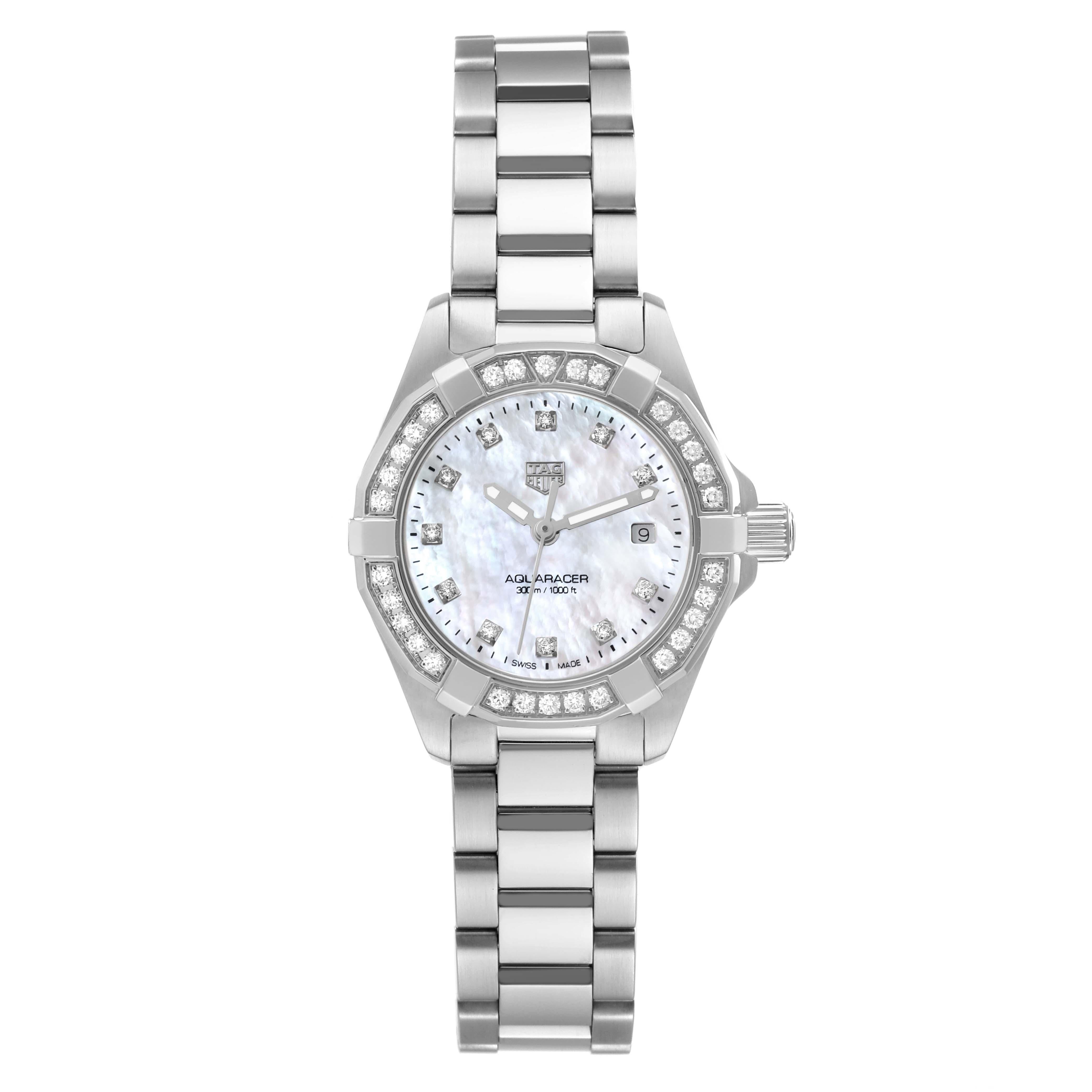 Tag Heuer Aquaracer Mother of Pearl Diamond Steel Ladies Watch WBD1415 Box Card. Quartz movement. Stainless steel case 27.0 mm in diameter. Unidirectional rotating original Tag Heuer factory diamond bezel. Scratch resistant sapphire crystal. Mother
