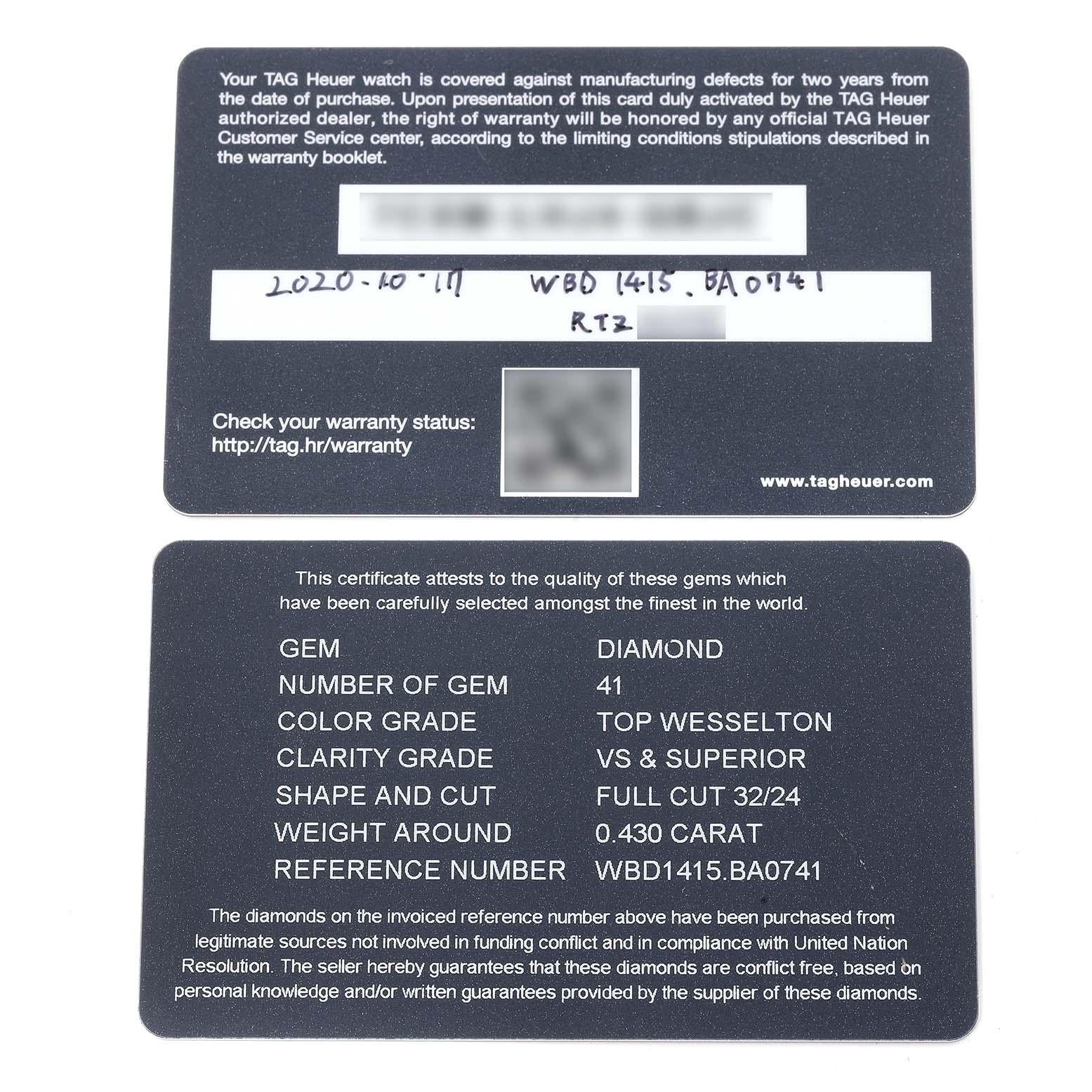 Étiquette Heuer Aquaracer Montre pour femme en acier, nacre et diamants WBD1415 Boîte Card en vente 5