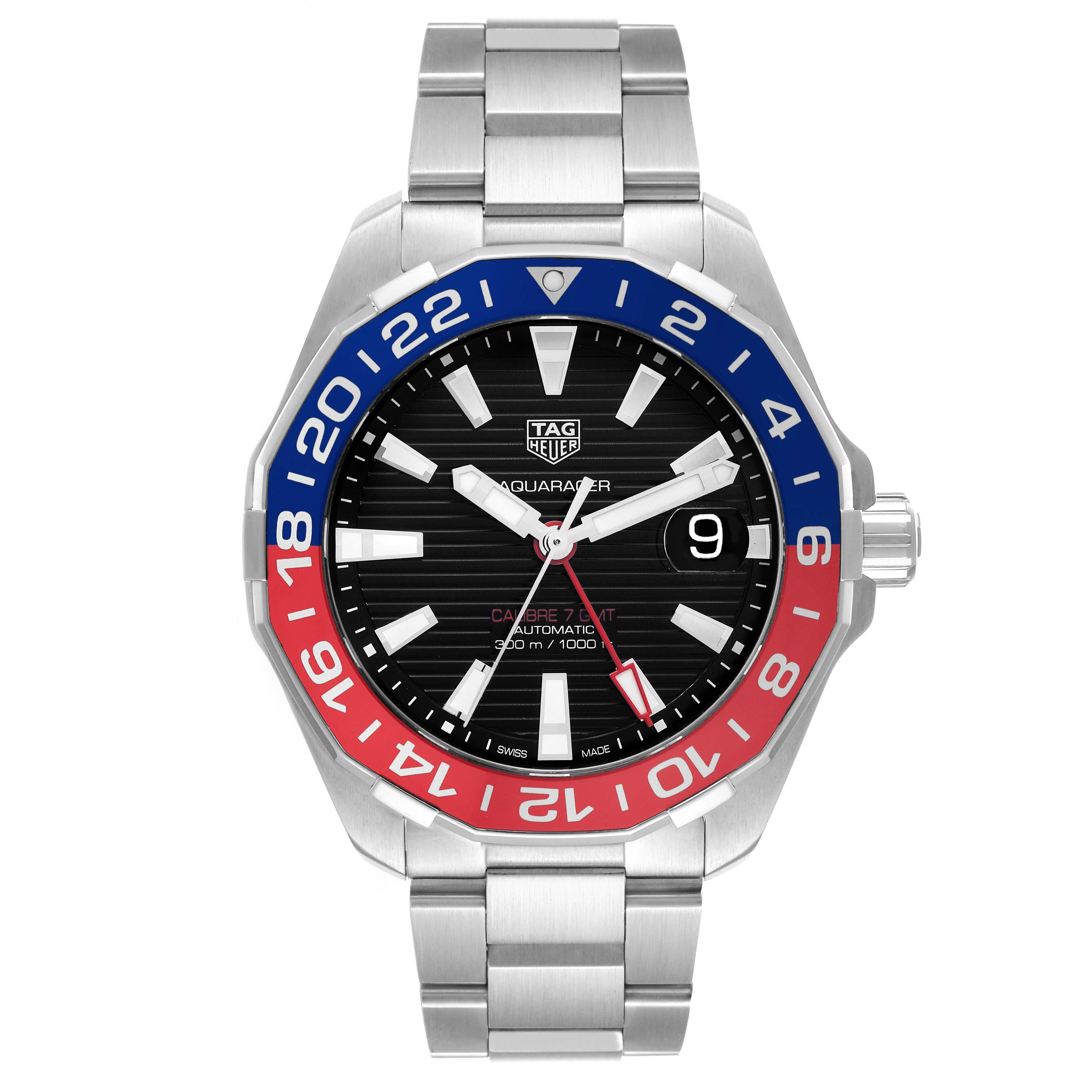 Tag Heuer Aquaracer Pepsi Bezel Steel Mens Watch WAY201F Box Card. Automatic self-winding movement. Stainless steel case 43.0 mm in diameter. Stainless steel blue and red 