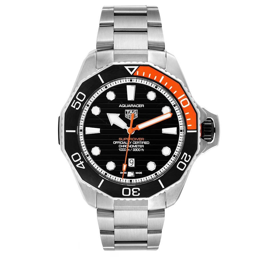Tag Heuer Aquaracer Professional 1000 Superdiver Mens Watch WBP5A8A Box Card. Automatic self-winding movement. Stainless steel case 45.0 mm in diameter. Stainless steel unidirectional rotating bezel with black and orange ceramic bezel insert.