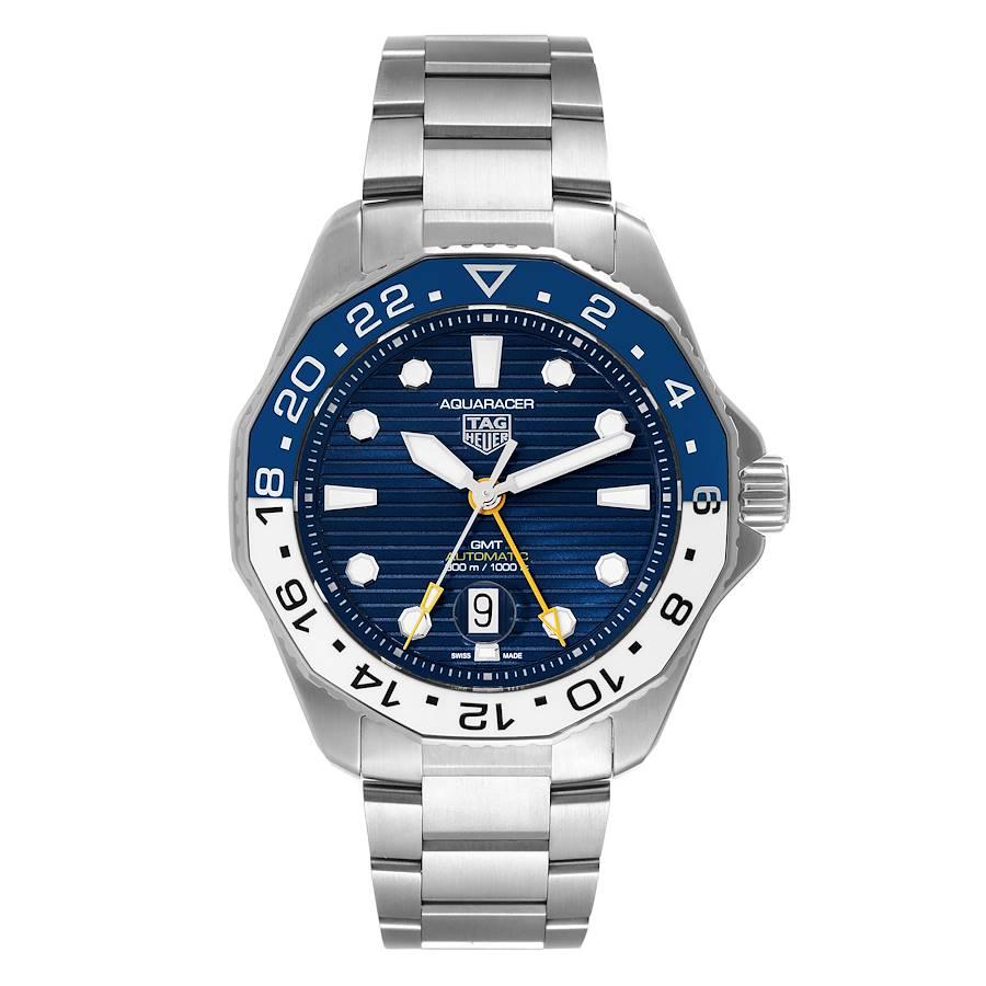 Tag Heuer Aquaracer Professional 300 GMT Blaues Zifferblatt Stahl Herrenuhr WBP2010. Automatisches GMT-Uhrwerk mit Selbstaufzug. Gehäuse aus Edelstahl mit einem Durchmesser von 43.0 mm. Blaue und weiße, bidirektional drehbare Keramiklünette.