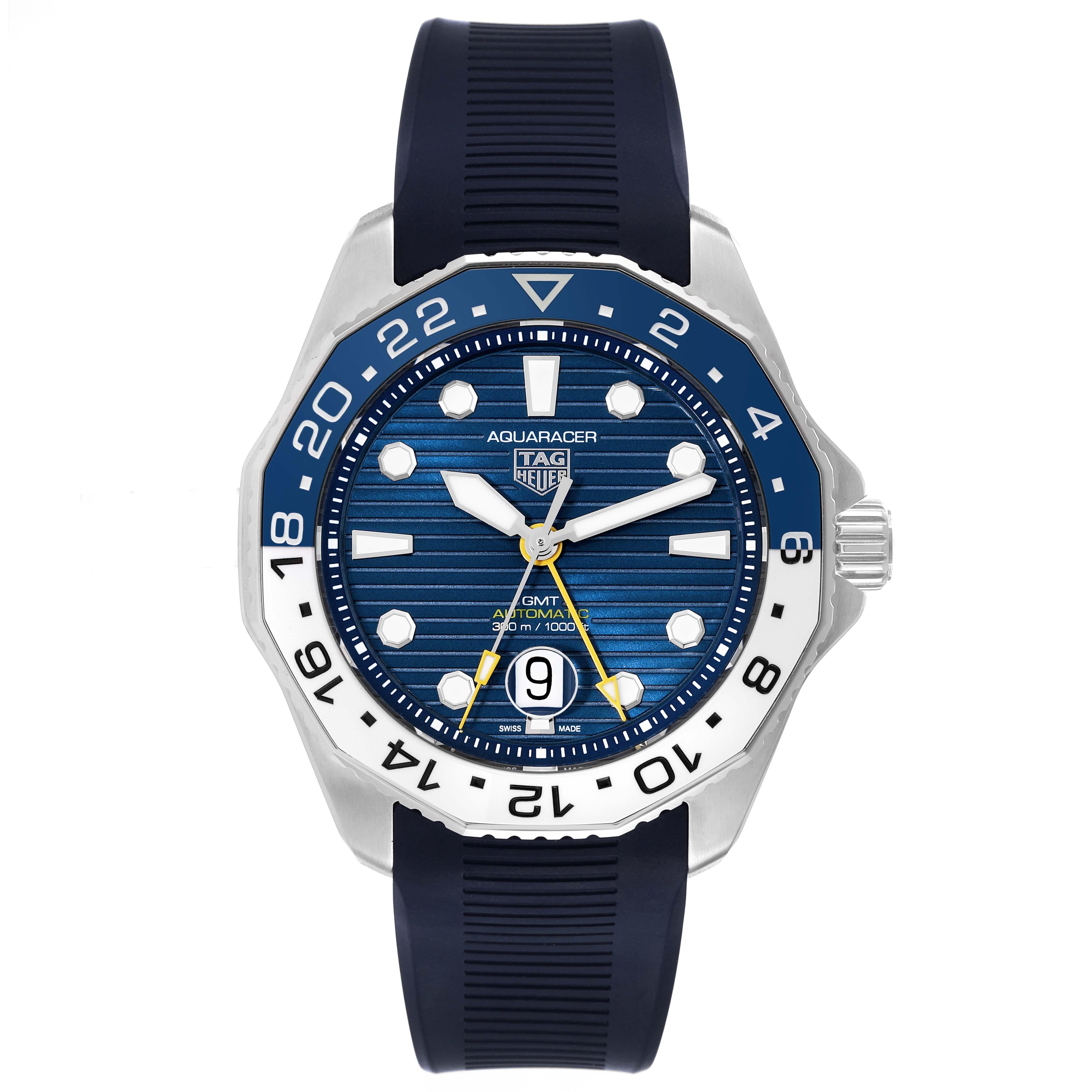 Tag Heuer Aquaracer Professional GMT Blue Dial Steel Mens Watch WBP2010 Box Card. Automatic self-winding GMT movement. Stainless steel case 43.0 mm in diameter. Blue and white bi-directional rotating ceramic bezel. Scratch resistant sapphire crystal