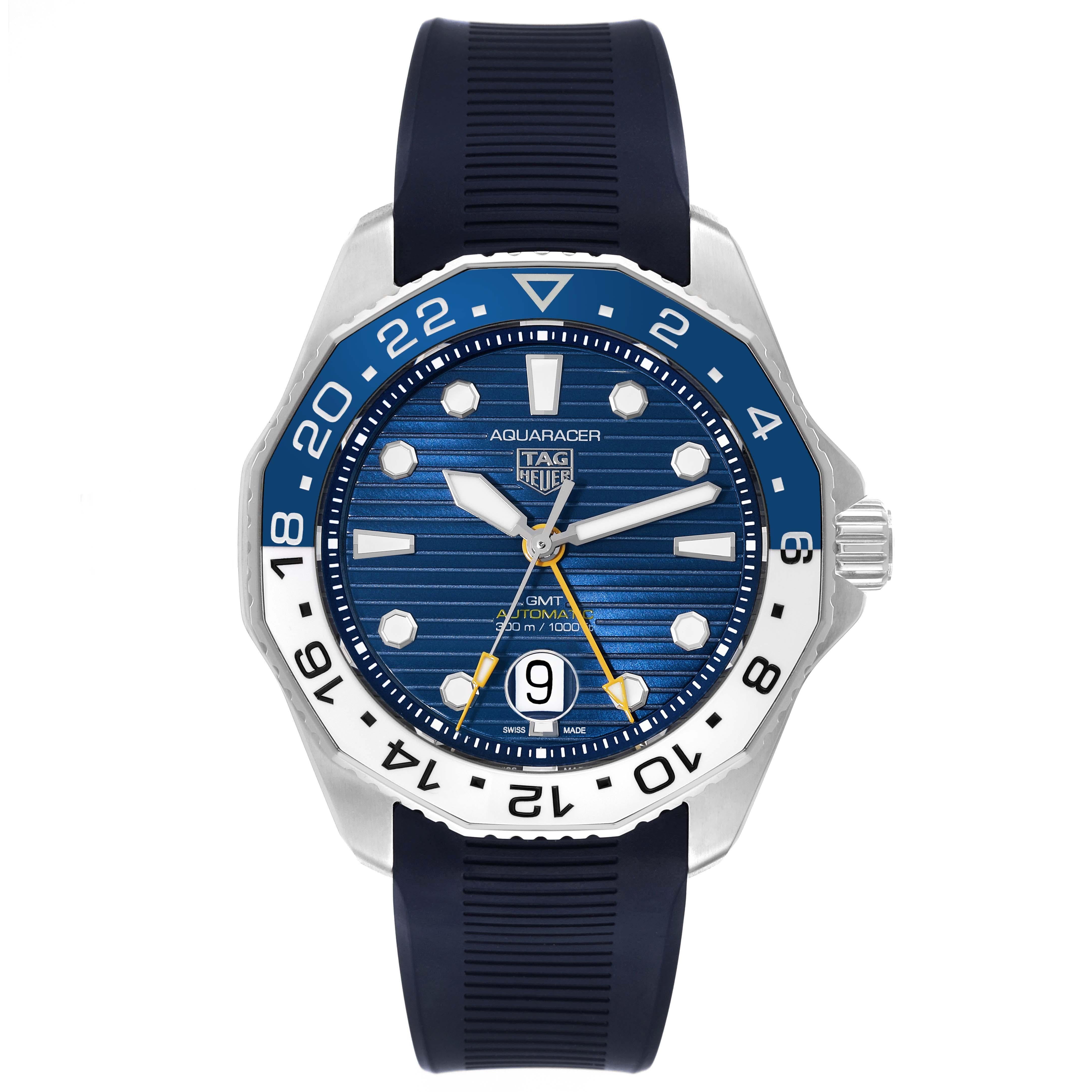 Tag Heuer Aquaracer Professional GMT Blue Dial Steel Mens Watch WBP2010 Box Card. Automatic self-winding GMT movement. Stainless steel case 43.0 mm in diameter. Blue and white bi-directional rotating ceramic bezel. Scratch resistant sapphire crystal