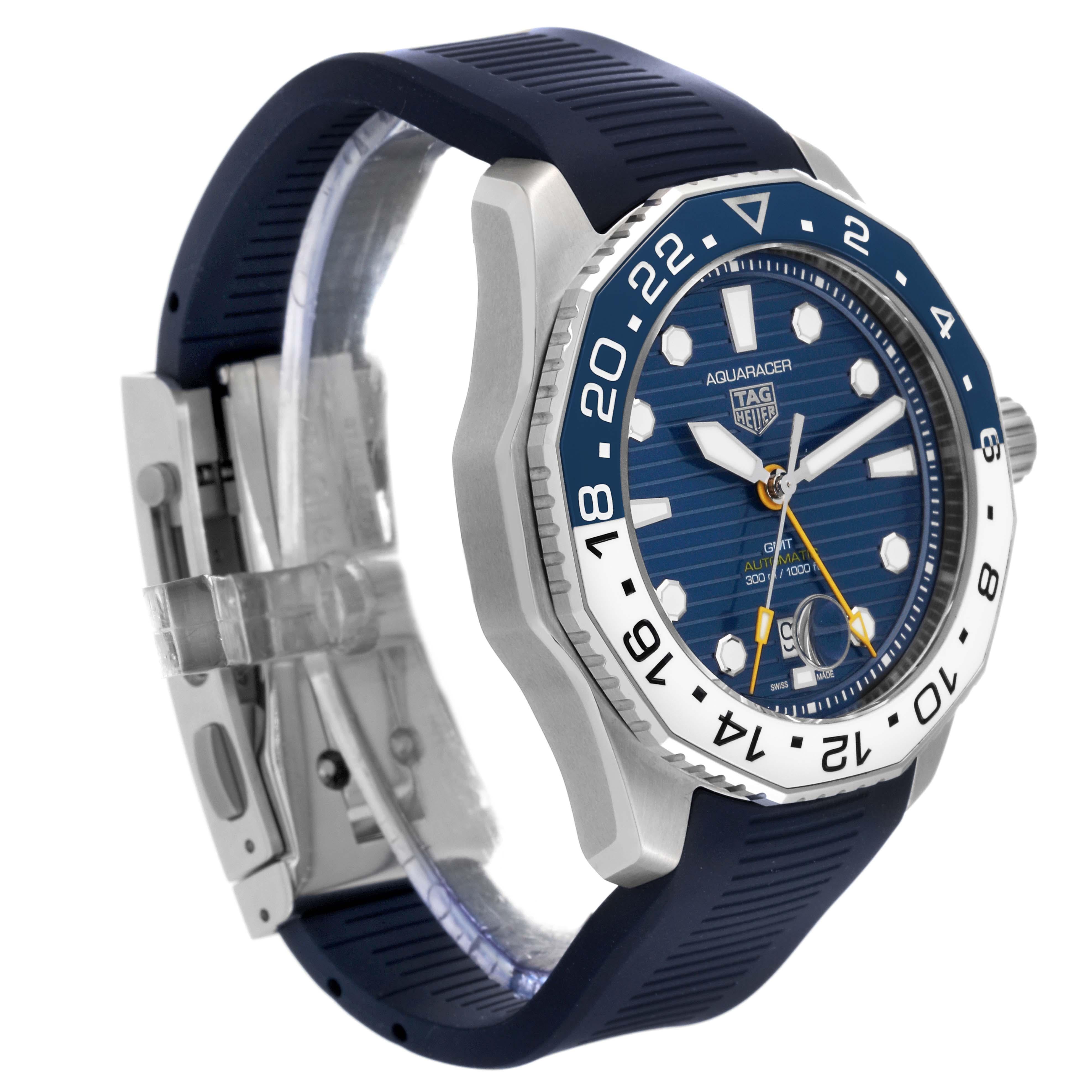 Tag Heuer Aquaracer Professional GMT Blue Dial Steel Mens Watch WBP2010 Box Card In Excellent Condition In Atlanta, GA