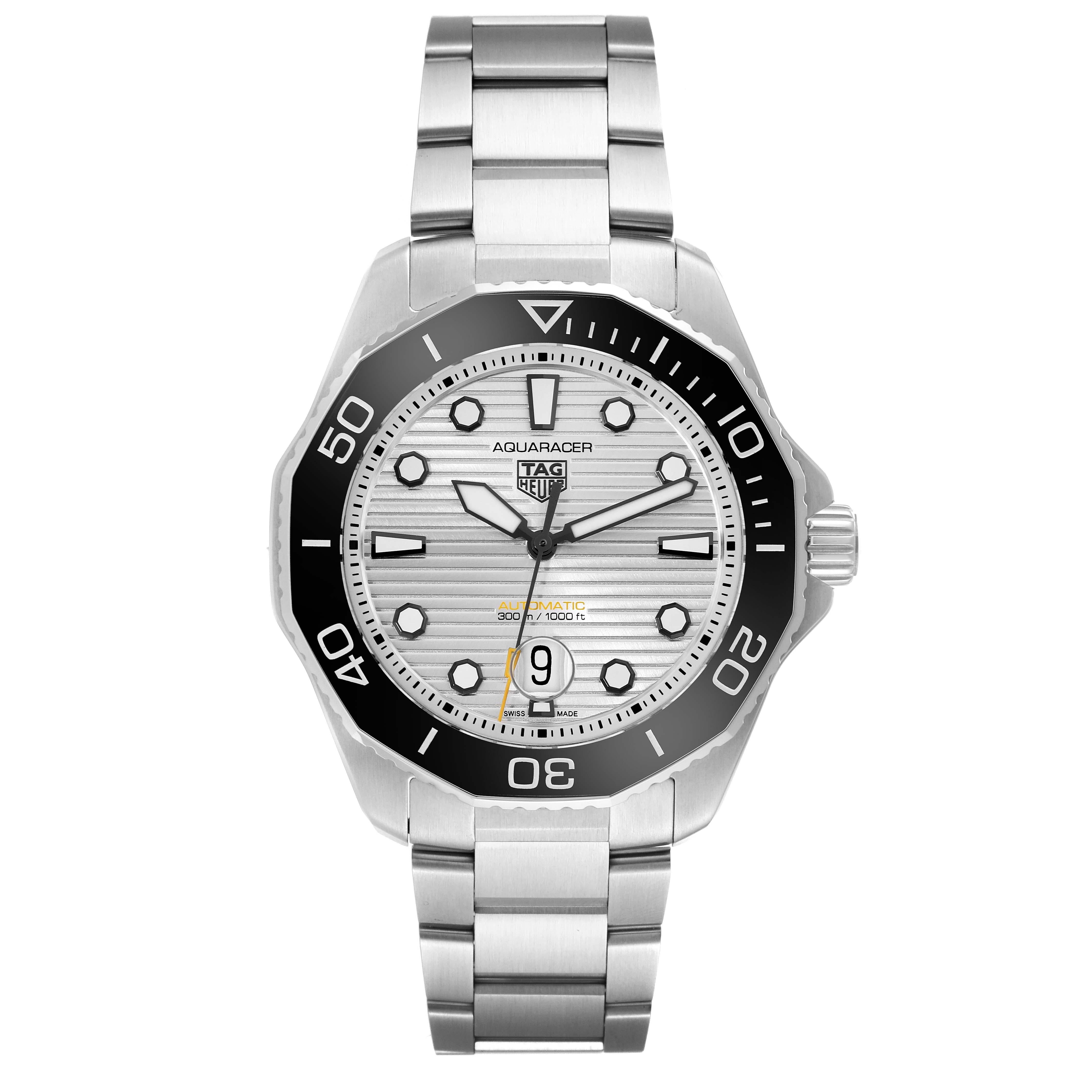 Tag Heuer Aquaracer Professional Silver Dial Steel Mens Watch WBP201C. Automatic self-winding movement. Stainless steel case 43.0 mm in diameter. Stainless steel unidirectional rotating bezel. Scratch resistant sapphire crystal. Silver dial with