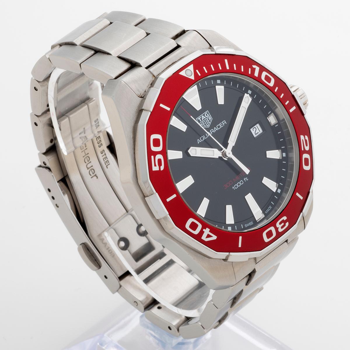 Our Tag Heuer Aquaracer quartz , reference WAY101B, features a 43mm stainless steel case with relatively rare red bezel, and bracelet in stainless steel. Presented in excellent unpolished condition with some signs of use overall, notably to the