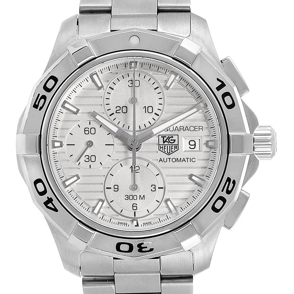 Tag Heuer Aquaracer Silver Dial Chronograph Steel Mens Watch CAP2111. Automatic self-winding movement. Chronograph function. Brushed and polished stainless steel case 42.0 mm in diameter. Stainless stell unidirectional rotating bezel. Scratch