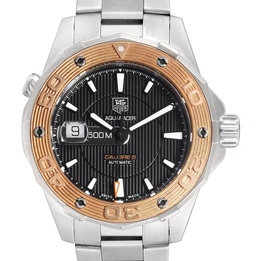 Tag Heuer Aquaracer Steel 18K Rose Gold Mens Watch WAJ2150. Automatic self-winding movement. Brushed stainless steel case 43.0 mm in diameter. Automatic helium valve at 10 oâclock. 18K rose gold unidirectional rotating bezel. Scratch resistant