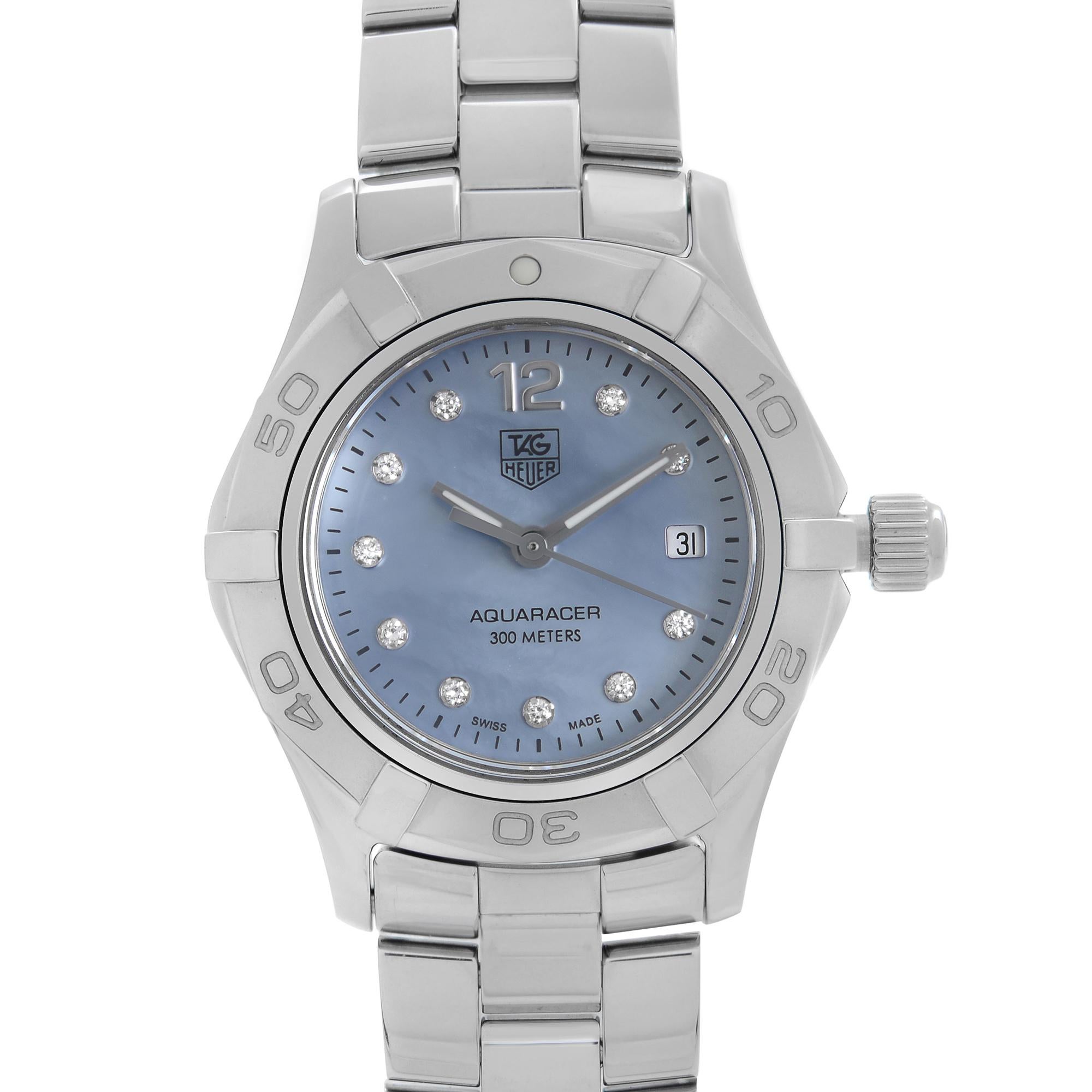 This display model TAG Heuer Aquaracer WAF1419.BA0824 is a beautiful LadieWomen's timepiece that is powered by a quartz movement which is cased in a stainless steel case. It has a round shape face, date, diamonds dial, and has hand diamonds style
