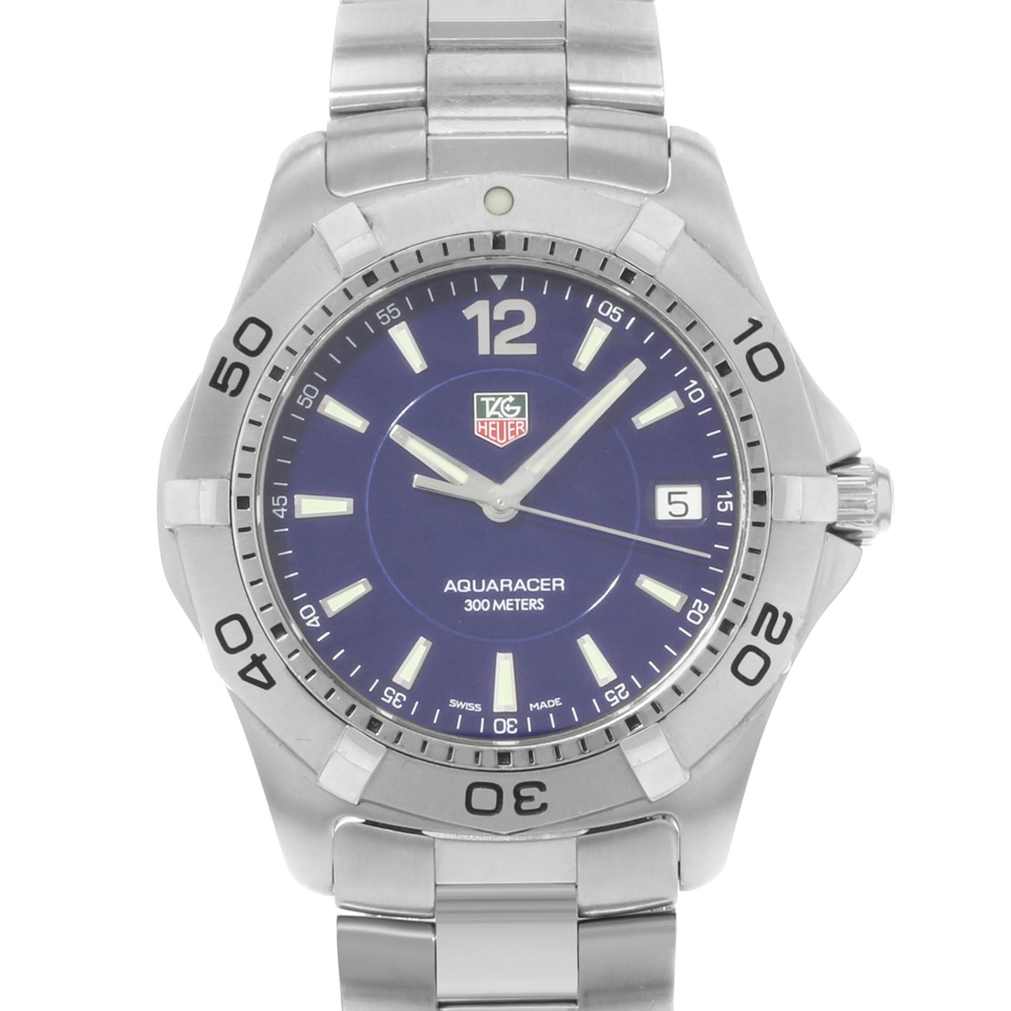 This pre-owned TAG Heuer Aquaracer  WAF1113.BA0801 is a beautiful men's timepiece that is powered by quartz (battery) movement which is cased in a stainless steel case. It has a round shape face, date indicator dial and has hand sticks & numerals