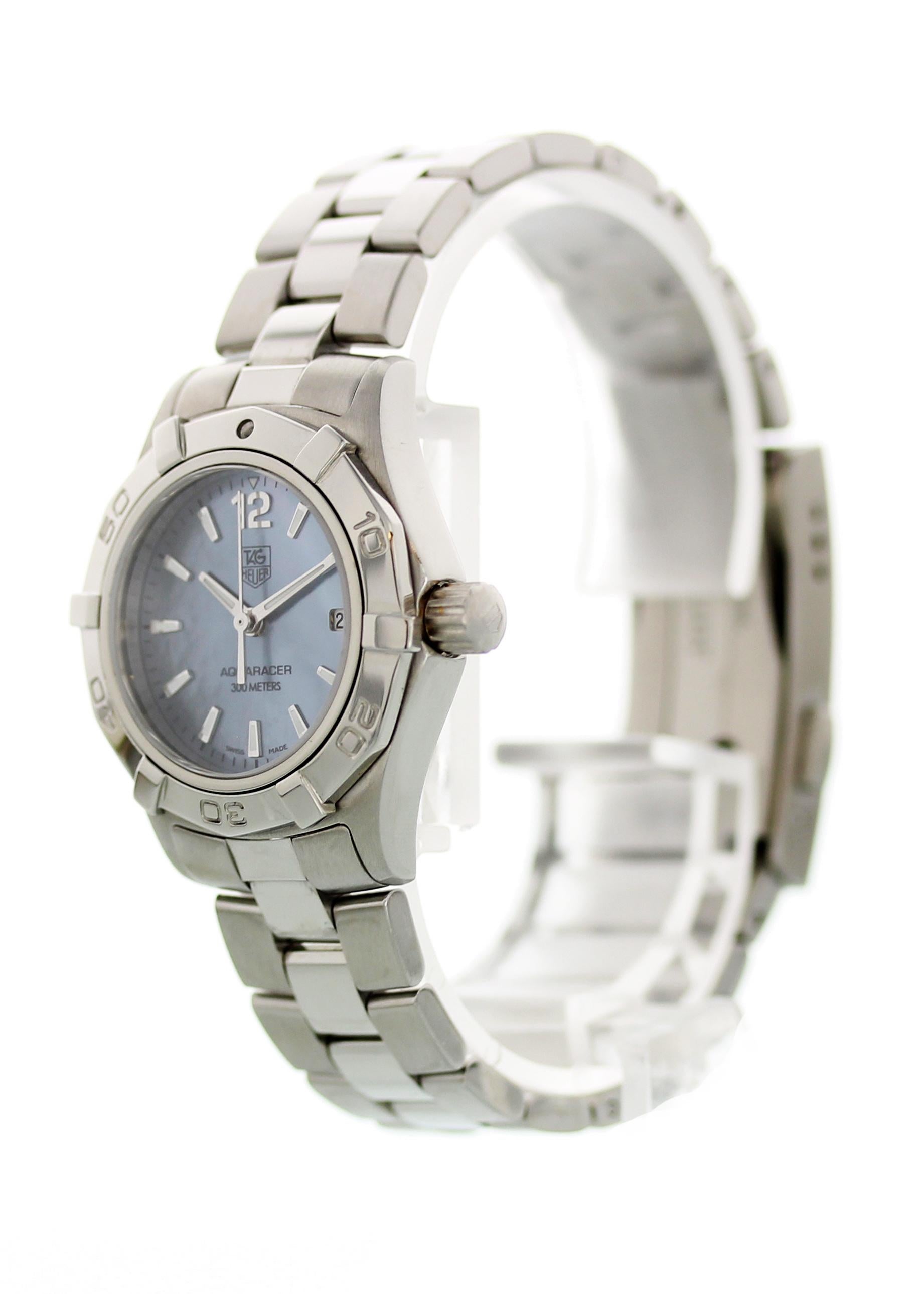 Tag Heuer Aquaracer WAF1417 Ladies watch. 23mm stainless steel case. Unidirectional stainless steel bezel. Mother of pearl dial with luminous hands and indexes. Date display. Stainless steel bracelet with double push button fold over clasp. Will fit