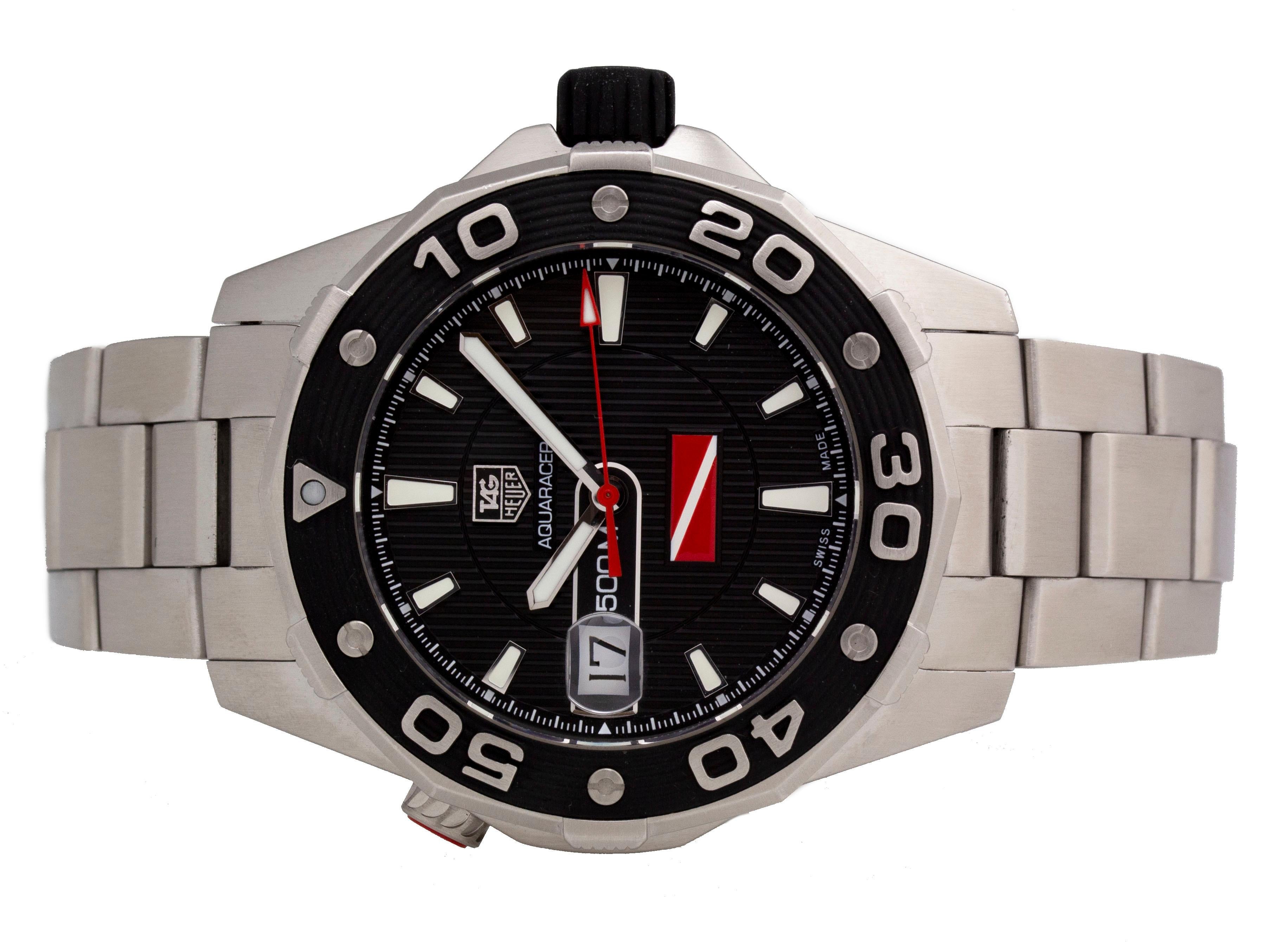 
Brand	Tag Heuer
Series	Aquaracer
Model	WAJ211A.BA0870
Gender	Men's
Condition	Great Pre-owned, Faint Dings & Scratches on Case & Bezel
Material	Stainless Steel
Finish	Brushed
Caseback	Solid
Diameter	43mm
Thickness	 
Bezel	Stainless Steel w/ Rubber