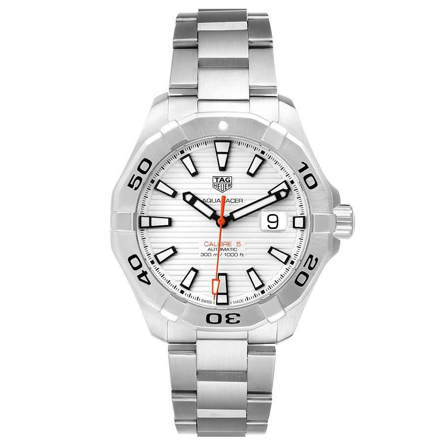 Tag Heuer Aquaracer White Dial Steel Mens Watch WAY2013 Box Card. Automatic self-winding movement. Stainless steel case 43.0 mm in diameter. Stainless steel unidirectional rotating bezel. Scratch resistant sapphire crystal with cyclops magnifier.