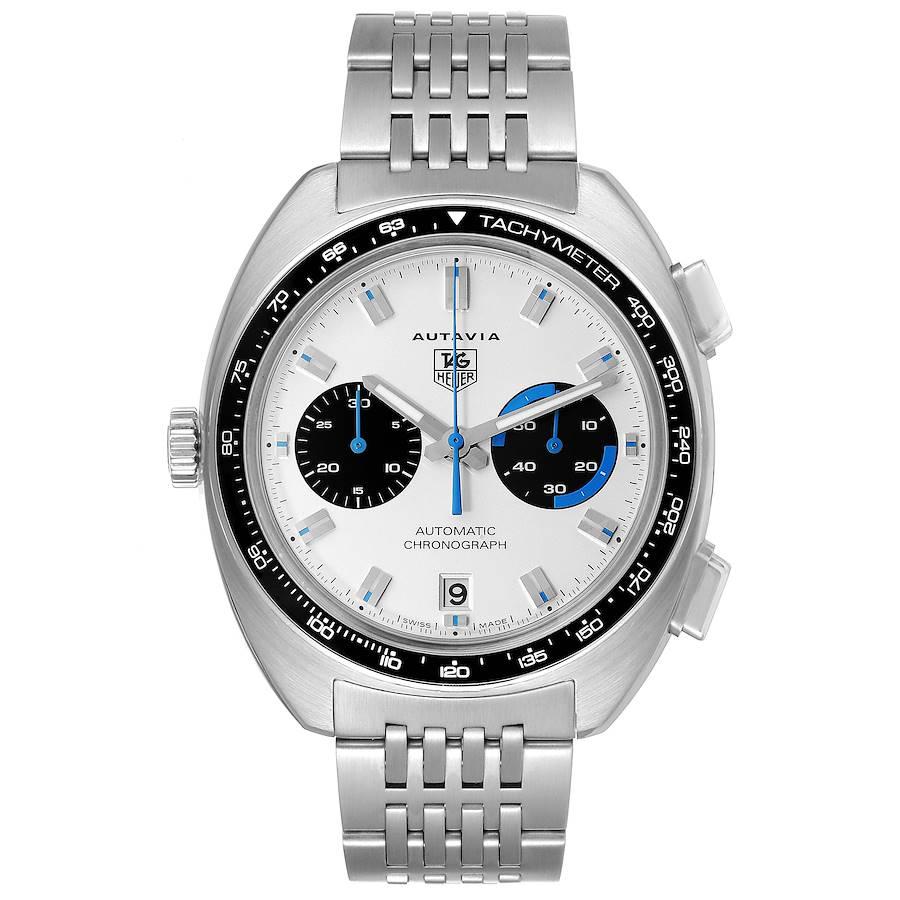 Tag Heuer Autavia Automatic Chronograph Steel Mens Watch CY2110. Automatic self-winding chronograph movement. Brushed and polished tonneau shaped stainless steel case 43mm in diameter. Stainless steel tachymeter bezel. Scratch resistant sapphire