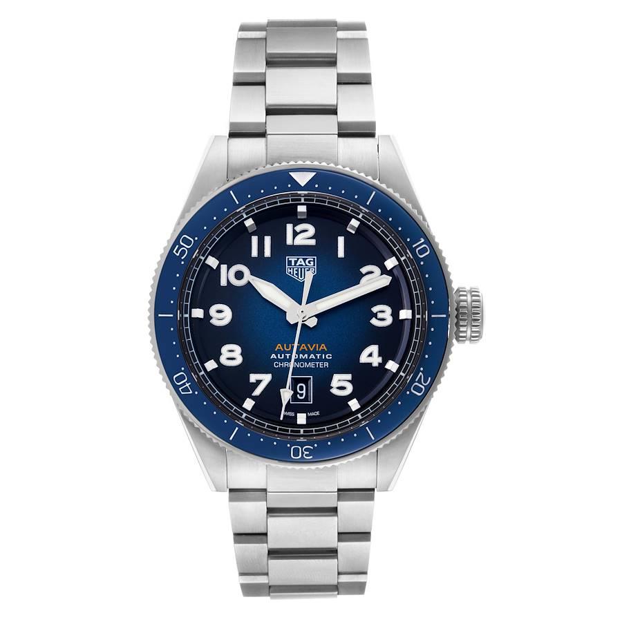 Tag Heuer Autavia Calibre 5 Blue Dial Steel Mens Watch WBE5116 Box Card. Tag Heuer Caliber HEUER 05 automatic self-winding  movement. Stainless steel case 42 mm in diameter. Blue ceramic bi-directional bezel. Scratch resistant sapphire crystal. Blue