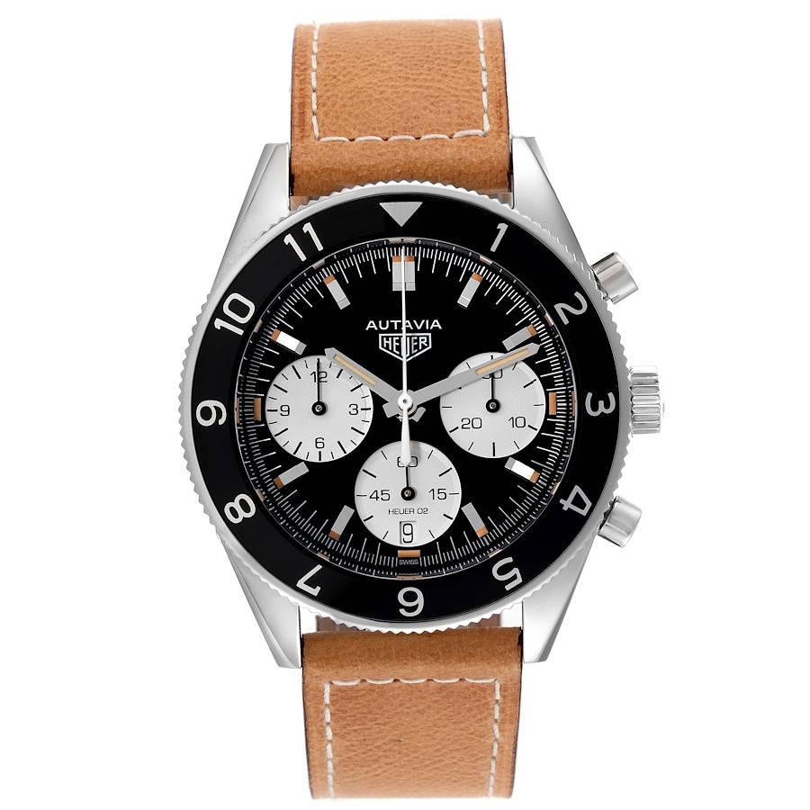 Tag Heuer Autavia Heritage Chronograph Steel Mens Watch CBE2110 Box Card. Automatic self-winding chronograph movement. Stainless steel case 42.0 mm in diameter. Exhibition sapphire case back. Black bi-directional rotating bezel with dual time