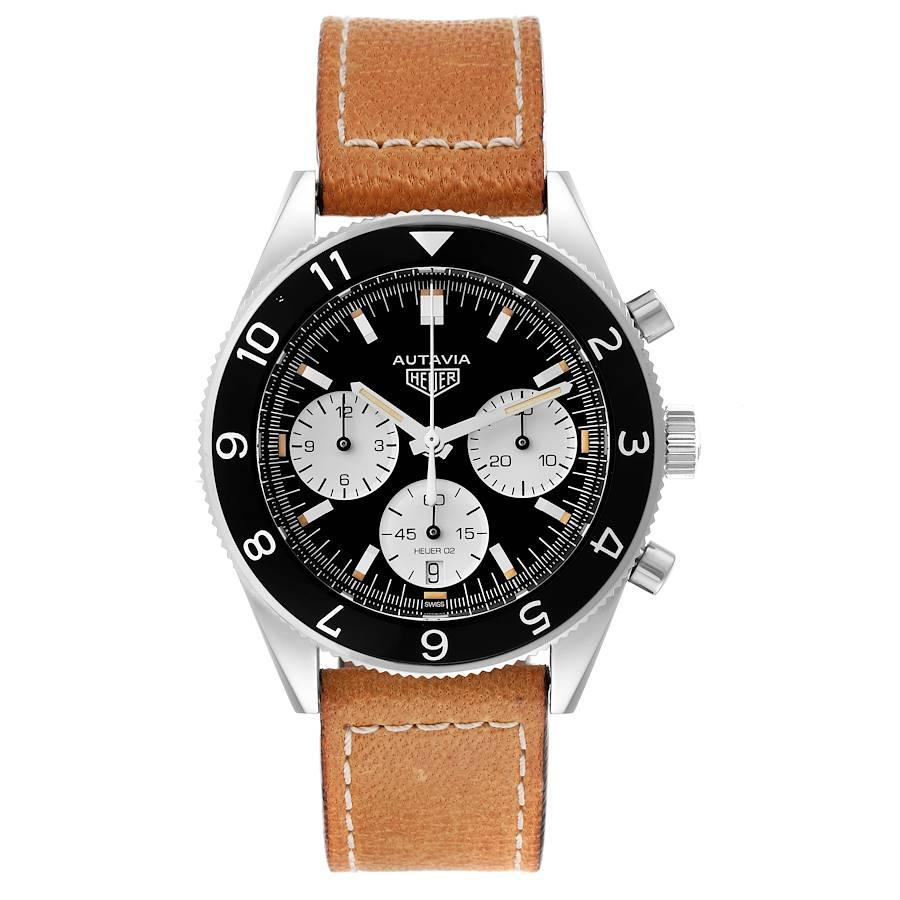 Tag Heuer Autavia Heritage Chronograph Steel Mens Watch CBE2110. Automatic self-winding chronograph movement. Stainless steel case 42.0 mm in diameter. Exhibition sapphire case back. Black bi-directional rotating bezel with dual time 12-hour scale.