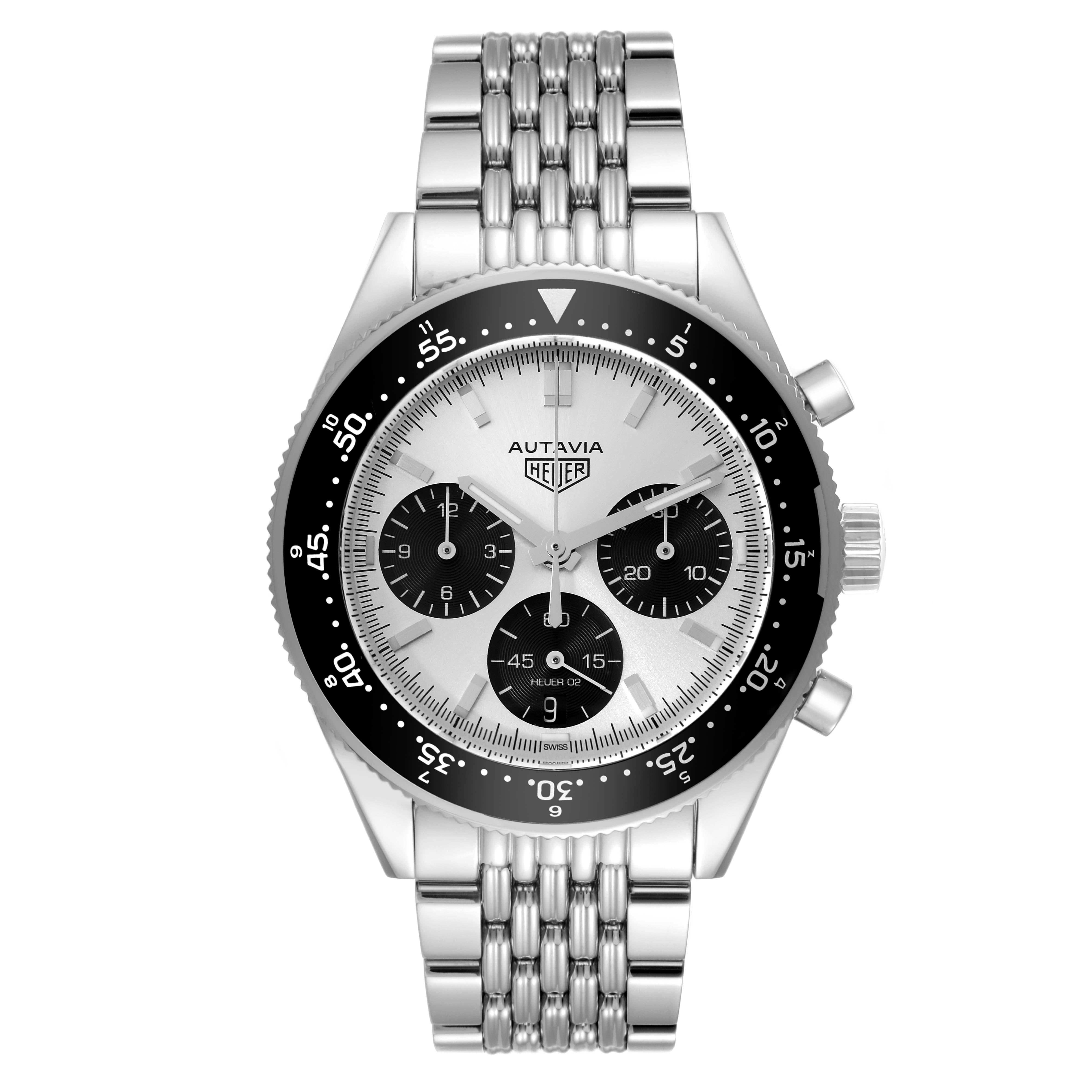 Tag Heuer Autavia Heritage LE Silver Dial Steel Mens Watch CBE2111 Box Card. Automatic self-winding chronograph  movement. Stainless steel case 42 mm in diameter. Caseback engraved with ''Jack Heuer 85th birthday edition''. Stainless steel