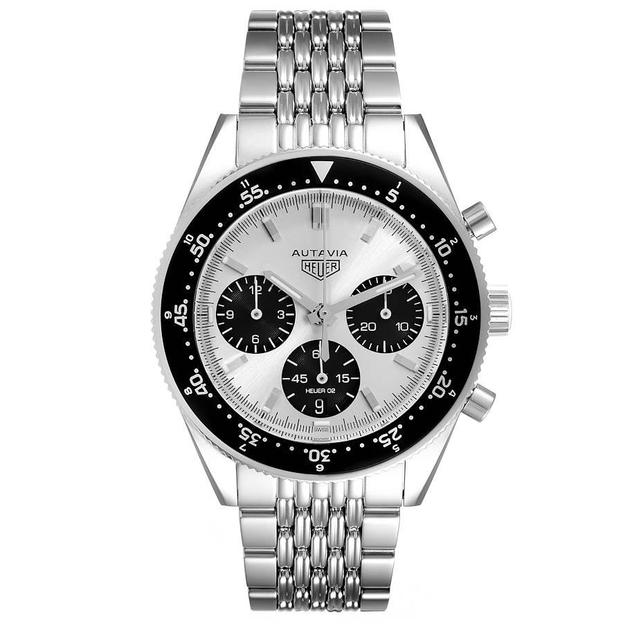 Tag Heuer Autavia Heritage Silver Dial Steel Mens Watch CBE2111 Box Papers. Automatic self-winding chronograph  movement. Stainless steel case 42 mm in diameter. Case back engraved with ''Jakc Heuer 85th birthday edition''. Black aluminum