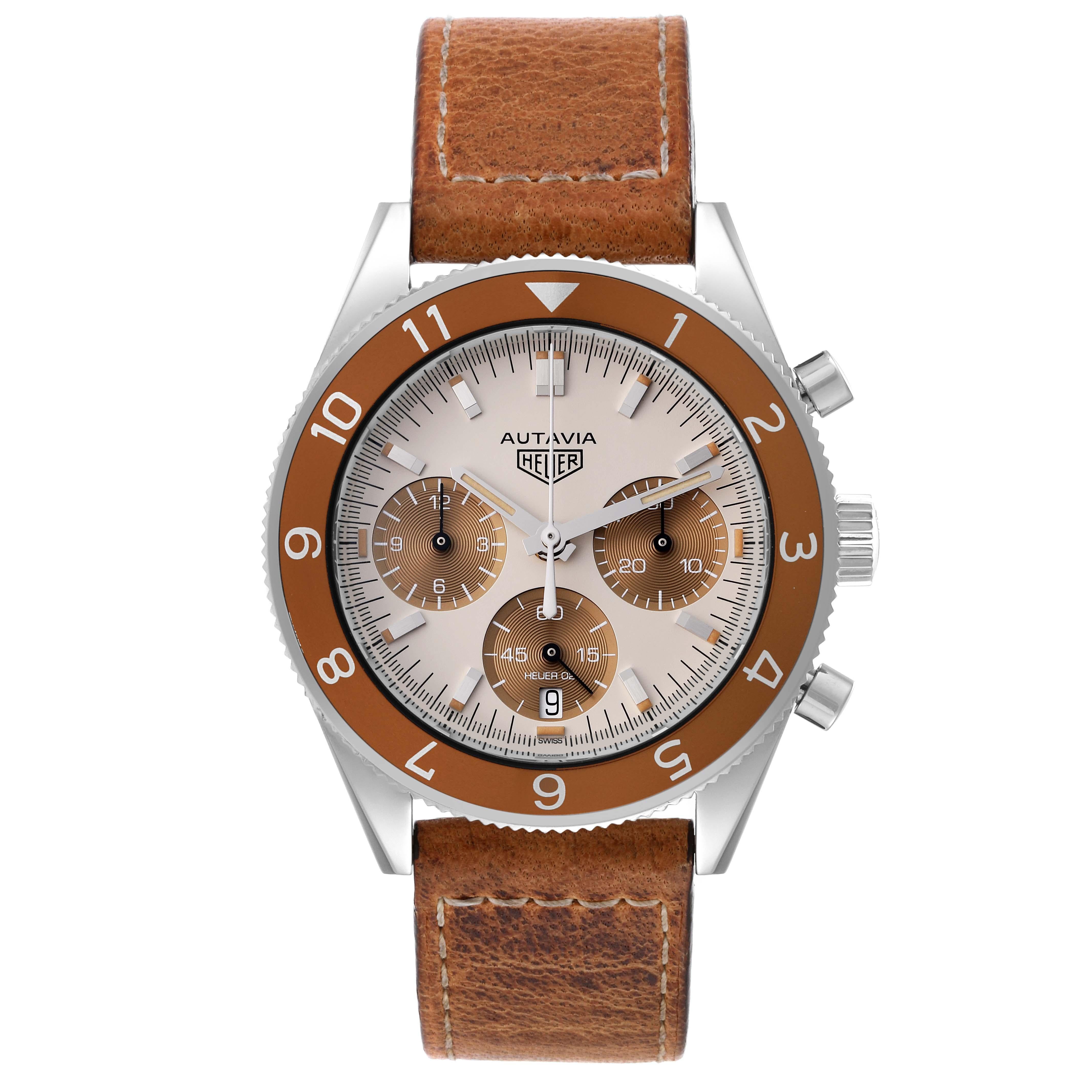 Tag Heuer Autavia Limited Edition UAE Chronograph Steel Mens Watch CBE2113. Automatic self-winding chronograph movement. Stainless steel case 42.0 mm in diameter. Transparent exhibition sapphire crystal caseback. Brown bi-directional rotating bezel